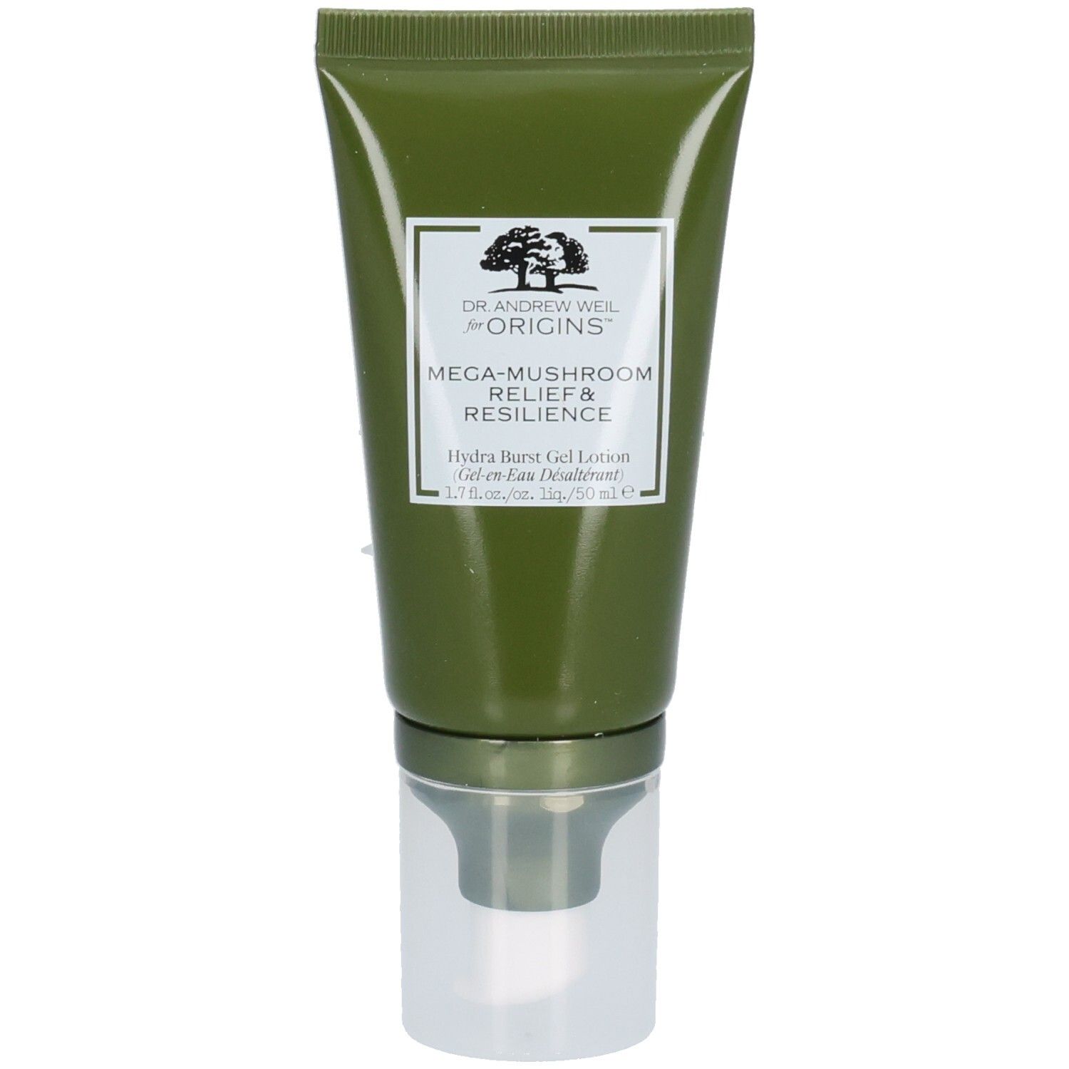 Tube vert avec étiquette blanche. Nom du produit et marque clairement visibles. Tête de pompe transparente.