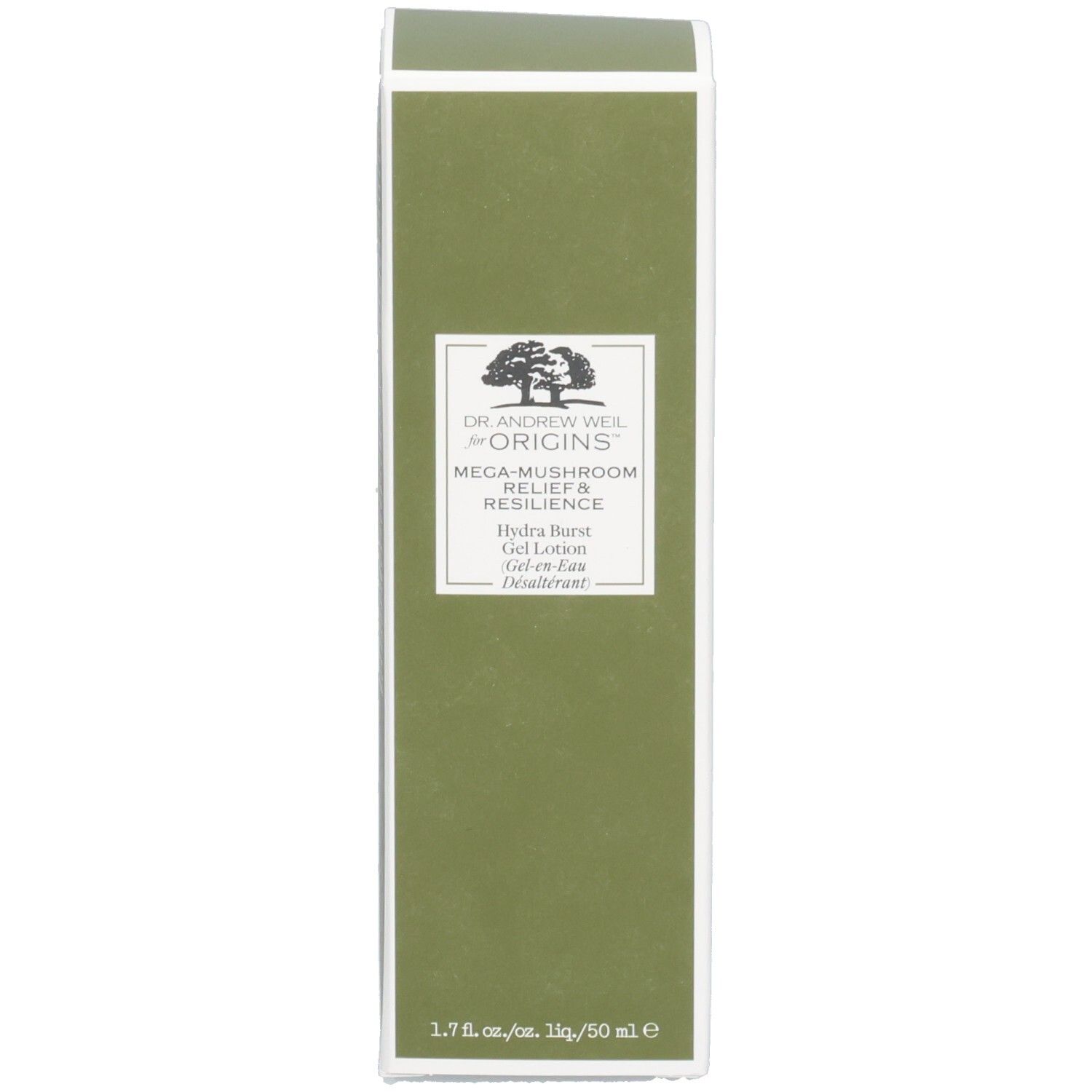Emballage vert. Nom du produit et marque sur étiquette blanche. Arrondi en haut.