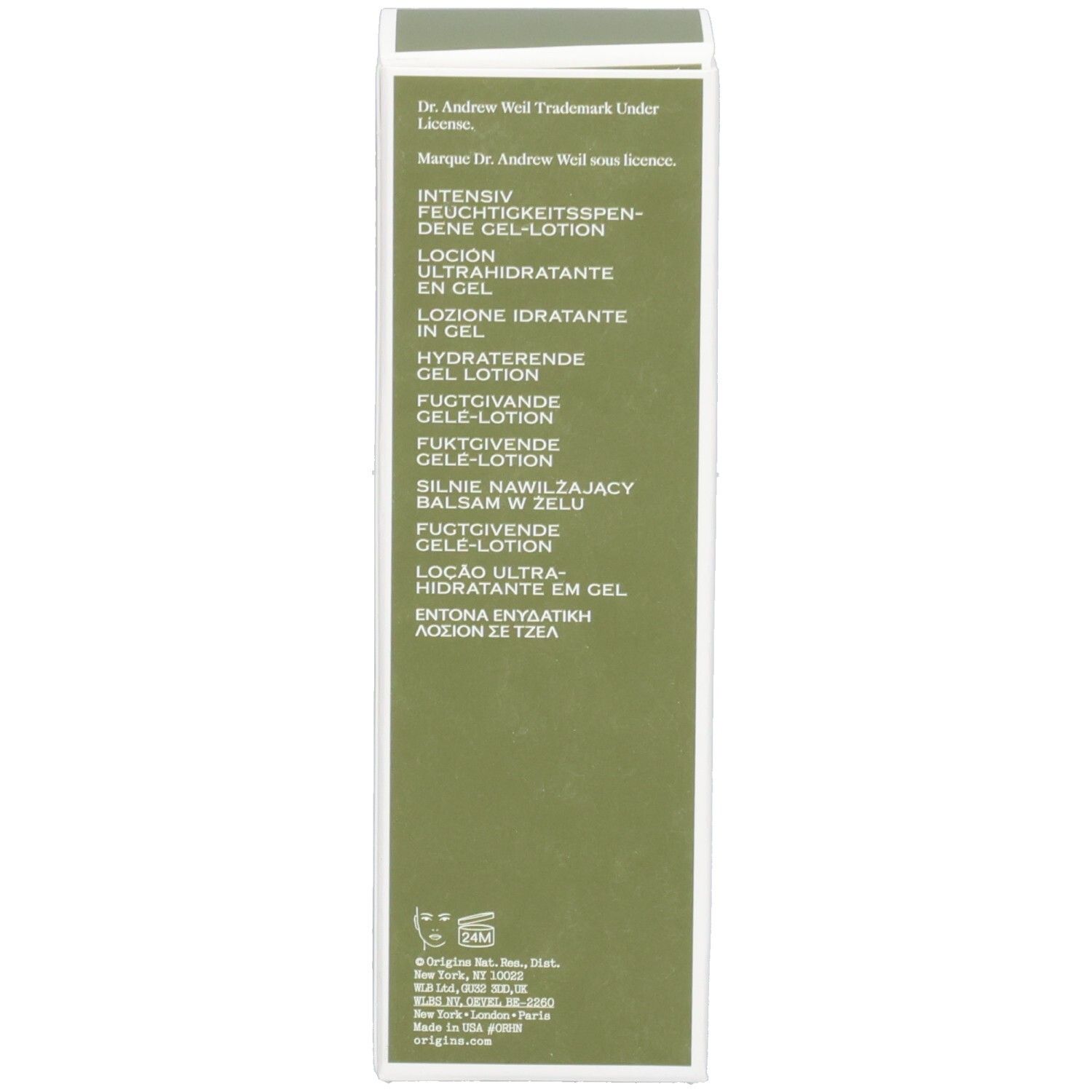 Emballage vert. Texte multilingue. Dessus arrondi.