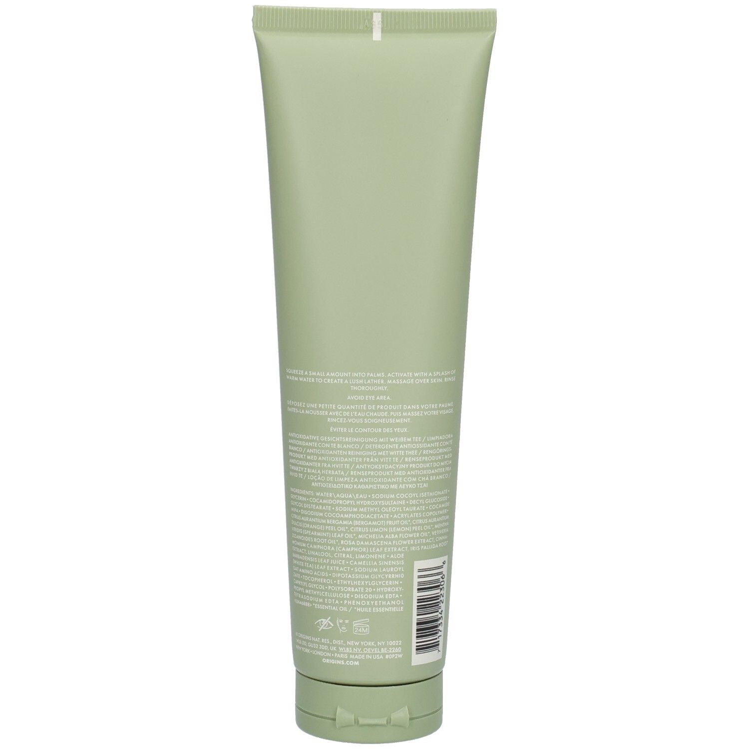 Un tube vert clair avec inscription blanche et un bouchon rabattable vert. L'inscription contient la liste des ingrédients et les instructions d'utilisation.