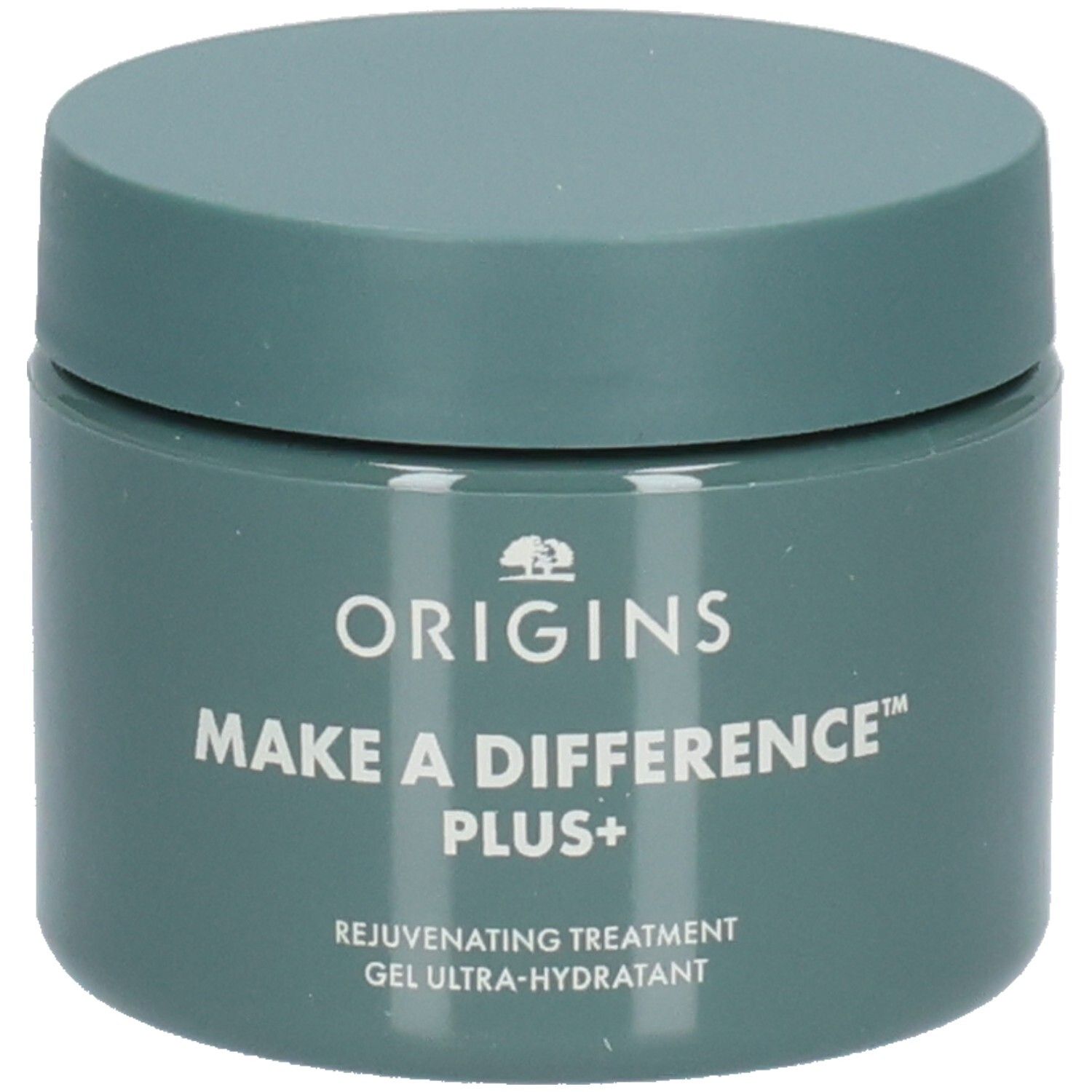 Pot vert avec couvercle. Inscription: ORIGINS, MAKE A DIFFERENCE PLUS+, Rejuvenating Treatment, Gel Ultra-Hydratant.