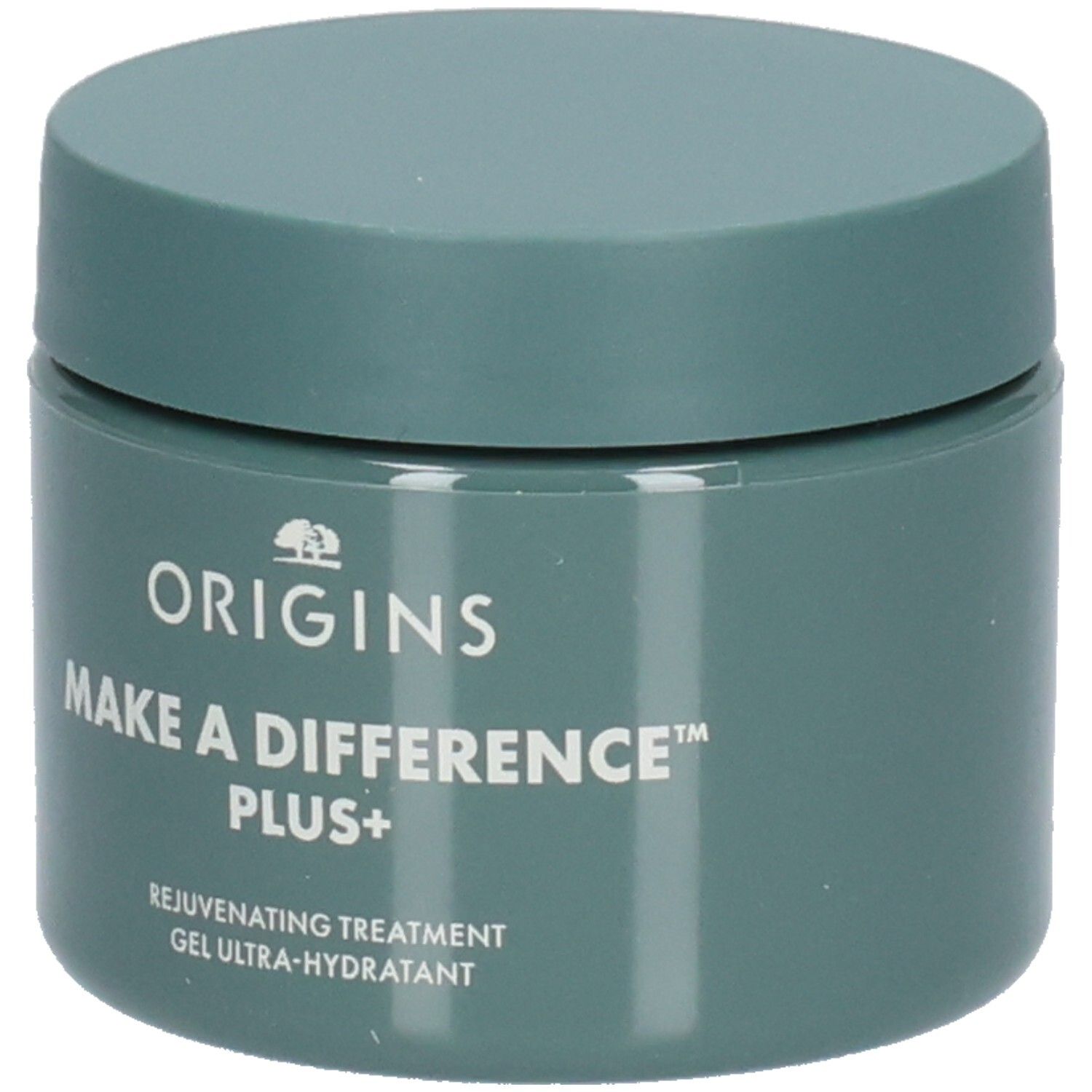 Pot vert avec couvercle. Inscription: ORIGINS, MAKE A DIFFERENCE PLUS+, Rejuvenating Treatment, Gel Ultra-Hydratant.