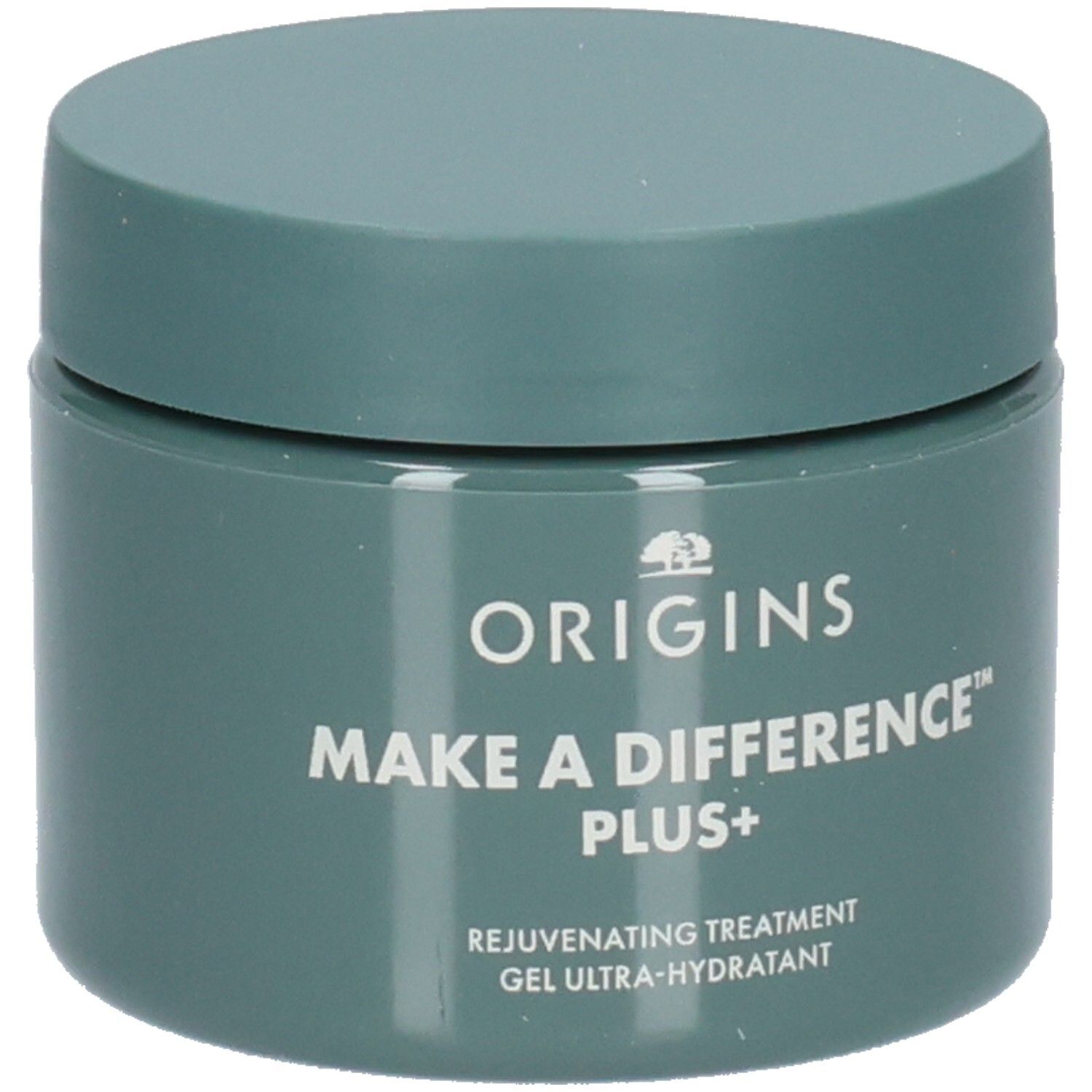 Pot vert avec couvercle. Inscription: ORIGINS, MAKE A DIFFERENCE PLUS+, Rejuvenating Treatment, Gel Ultra-Hydratant.