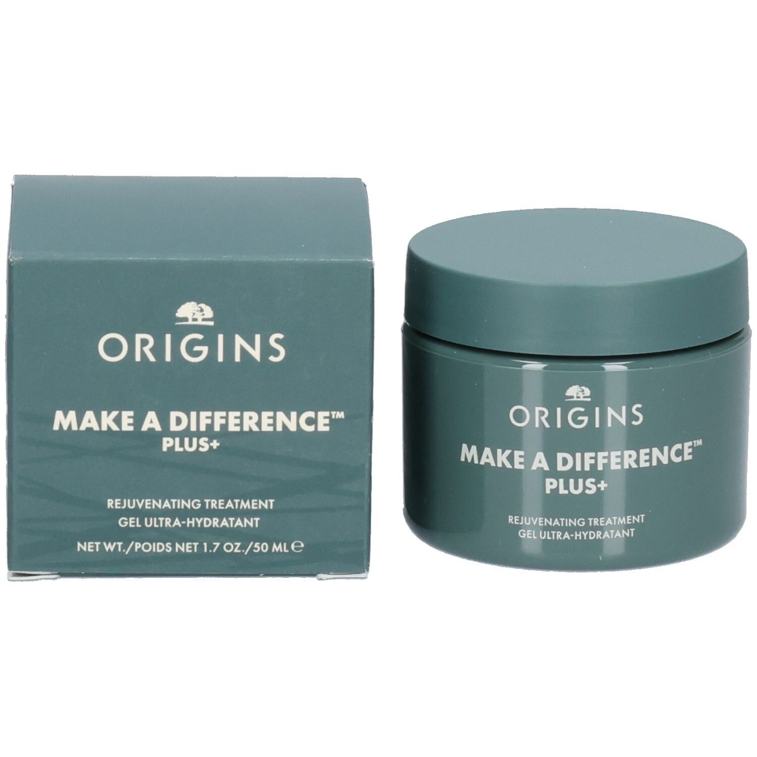 Emballage et pot. Inscription: ORIGINS, MAKE A DIFFERENCE PLUS+, Rejuvenating Treatment, Gel Ultra-Hydratant.