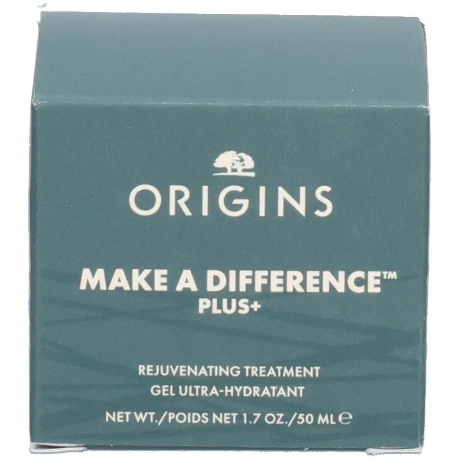 Emballage du produit. Inscription: ORIGINS, MAKE A DIFFERENCE PLUS+, Rejuvenating Treatment, Gel Ultra-Hydratant.
