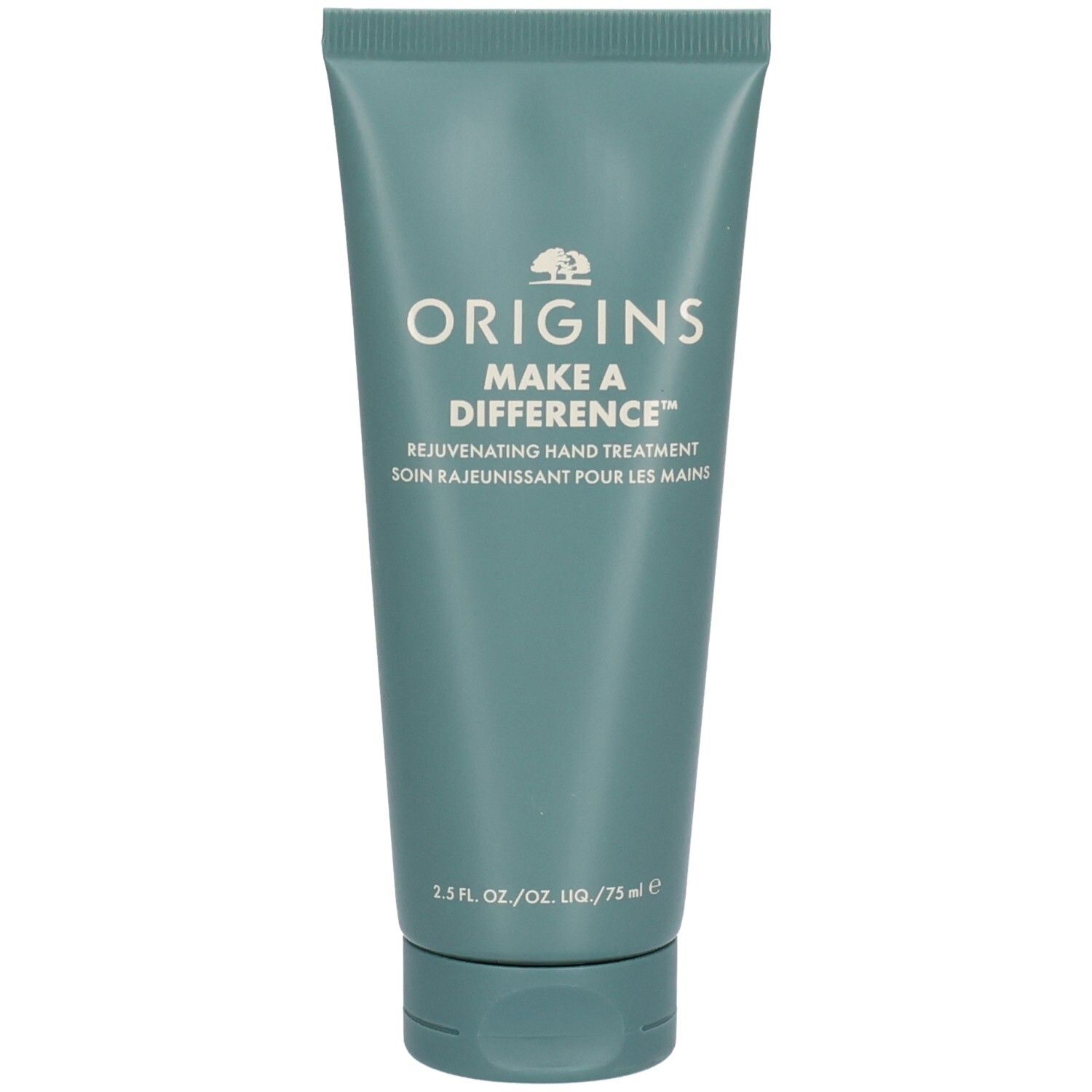 Tube turquoise. Inscription: ORIGINS, MAKE A DIFFERENCE, Rejuvenating Hand Treatment. 2.5 fl. oz./75 ml.