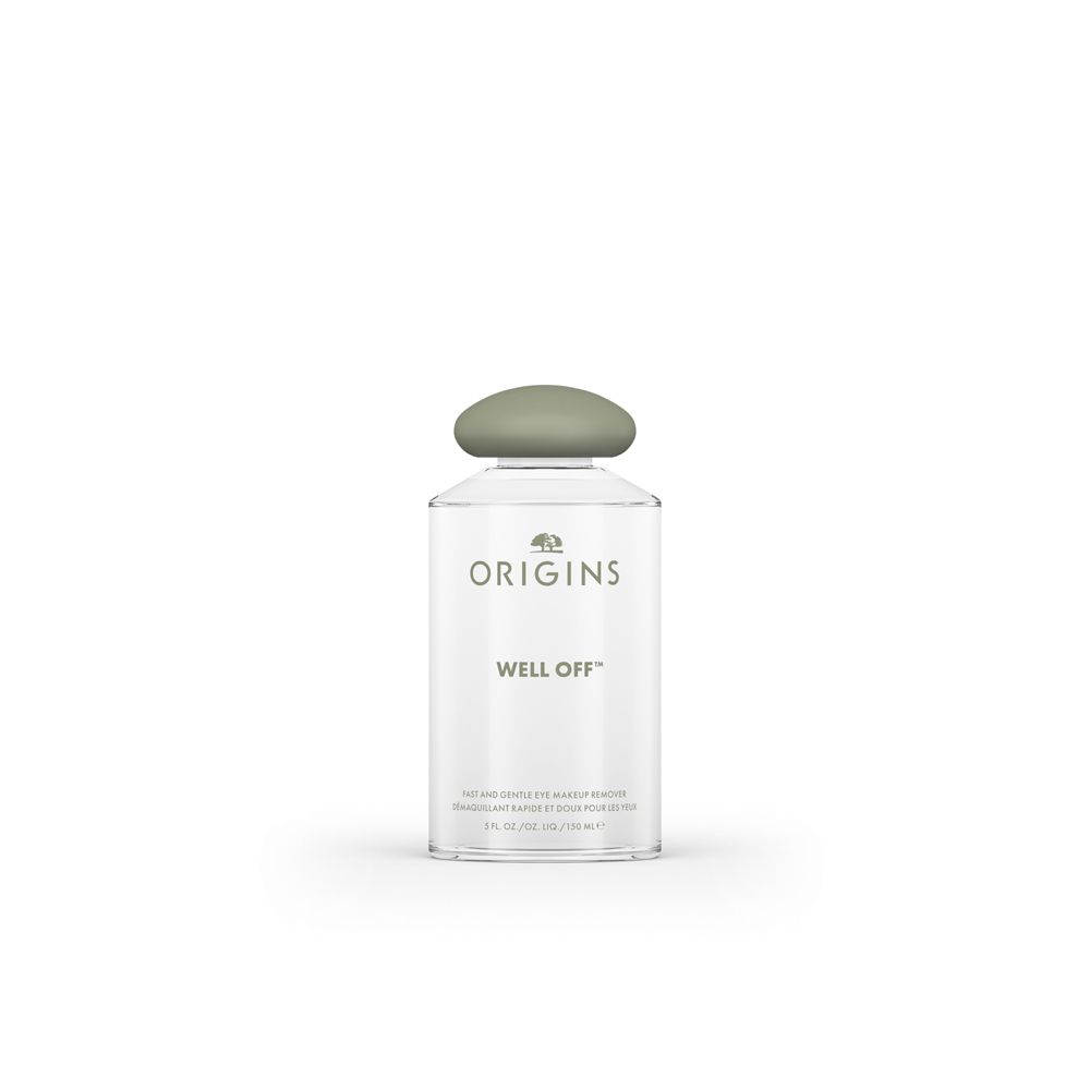 Flacon transparent avec bouchon vert. Inscriptions: ORIGINS, WELL OFF. Nom du produit et indication de volume.