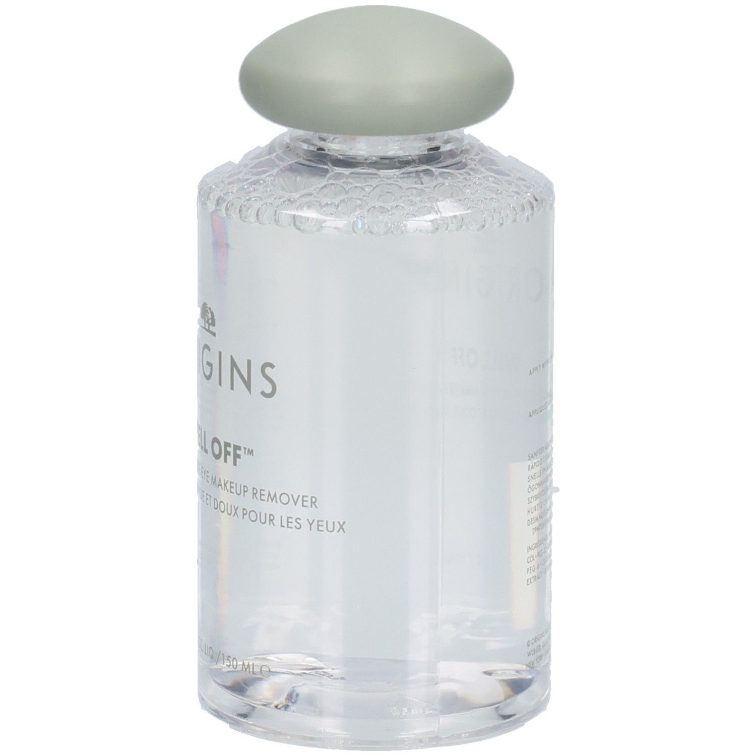 Flacon transparent avec bouchon vert. Inscriptions: ORIGINS, WELL OFF. Nom du produit et indication de volume.