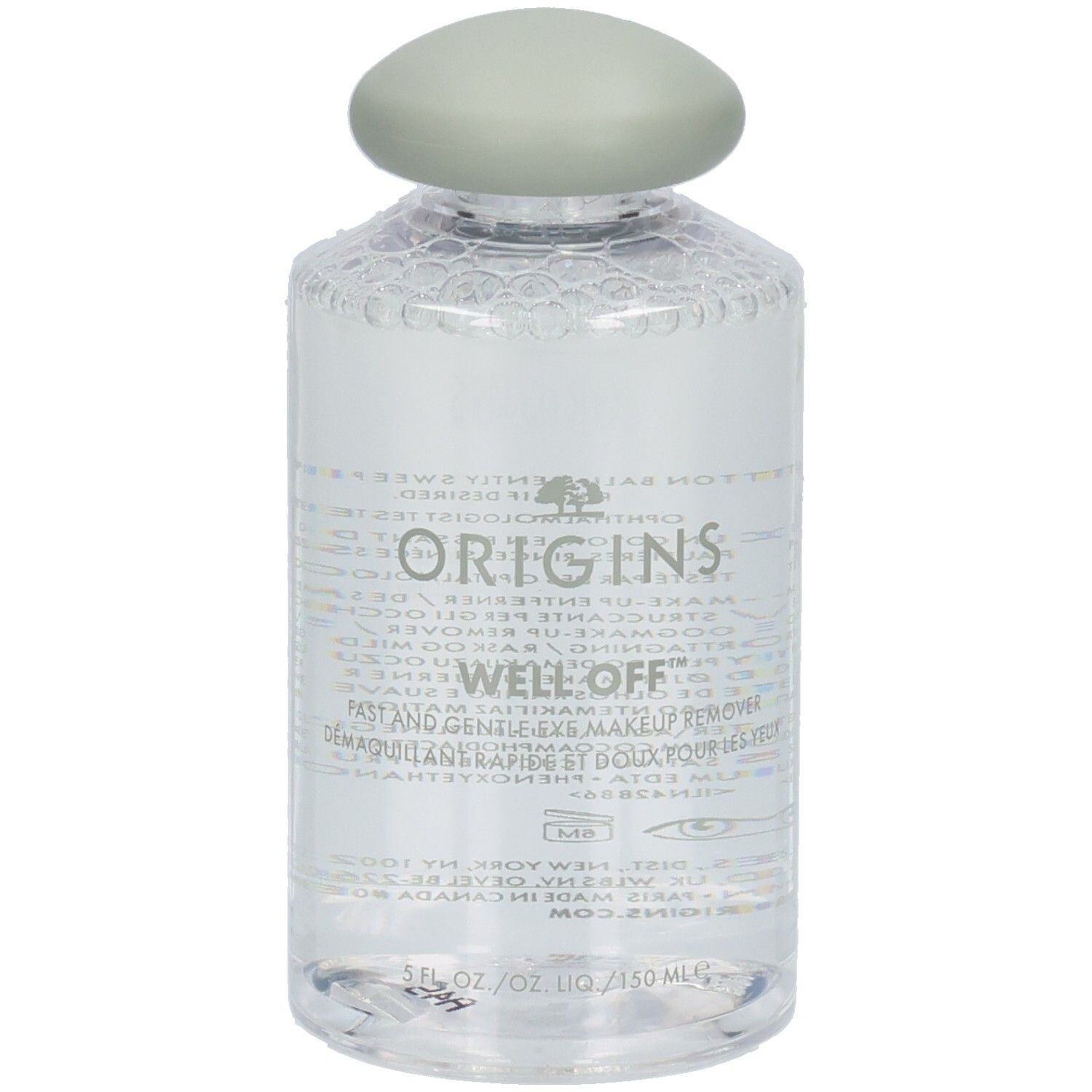 Flacon transparent avec bouchon vert. Inscriptions: ORIGINS, WELL OFF. Nom du produit et indication de volume.