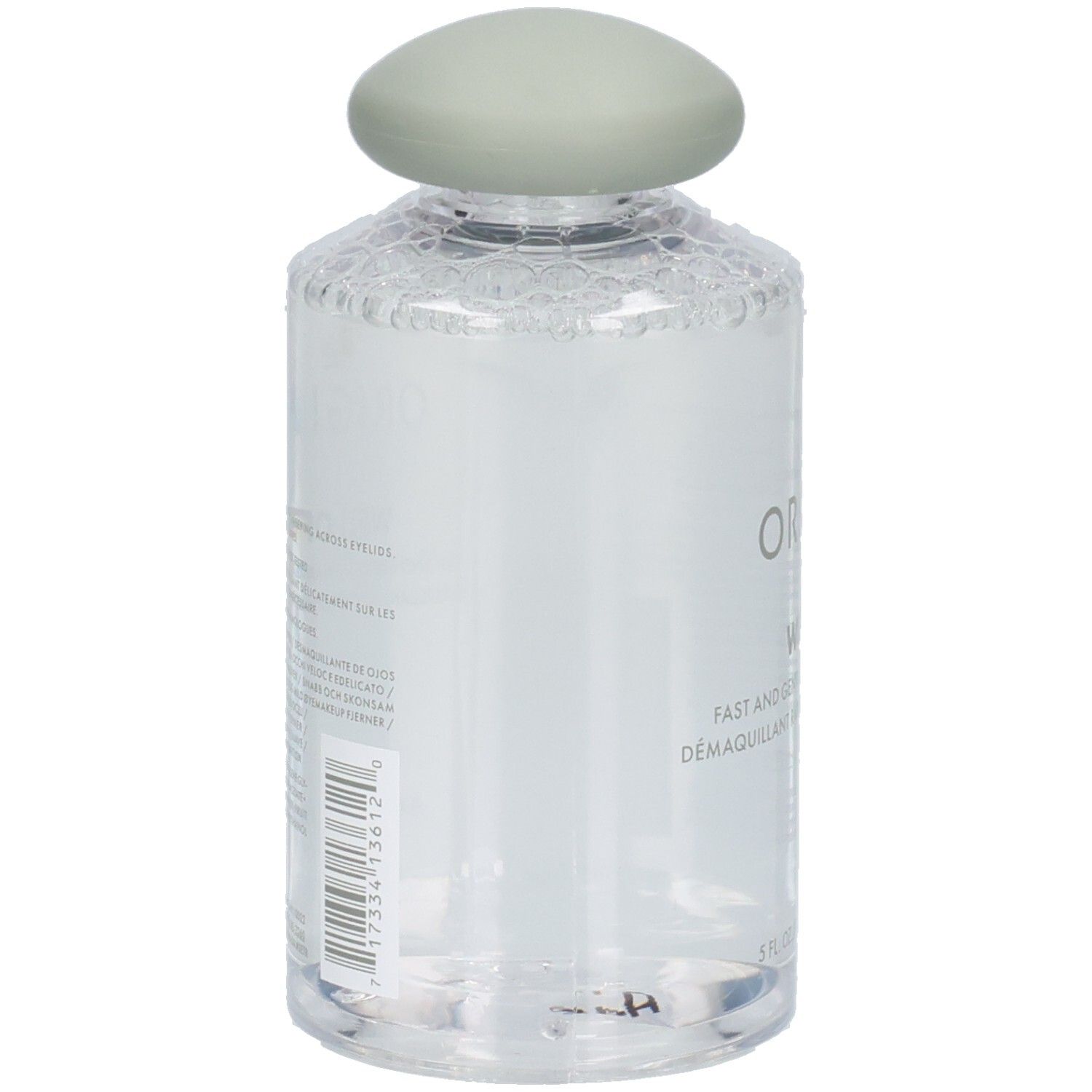 Flacon transparent avec bouchon vert. Inscriptions: ORIGINS, WELL OFF. Nom du produit et indication de volume.