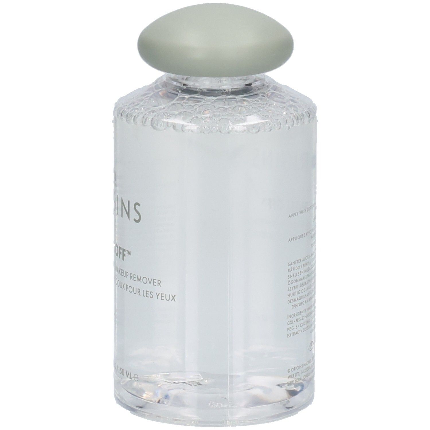 Flacon transparent avec bouchon vert. Inscriptions: ORIGINS, WELL OFF. Nom du produit et indication de volume.