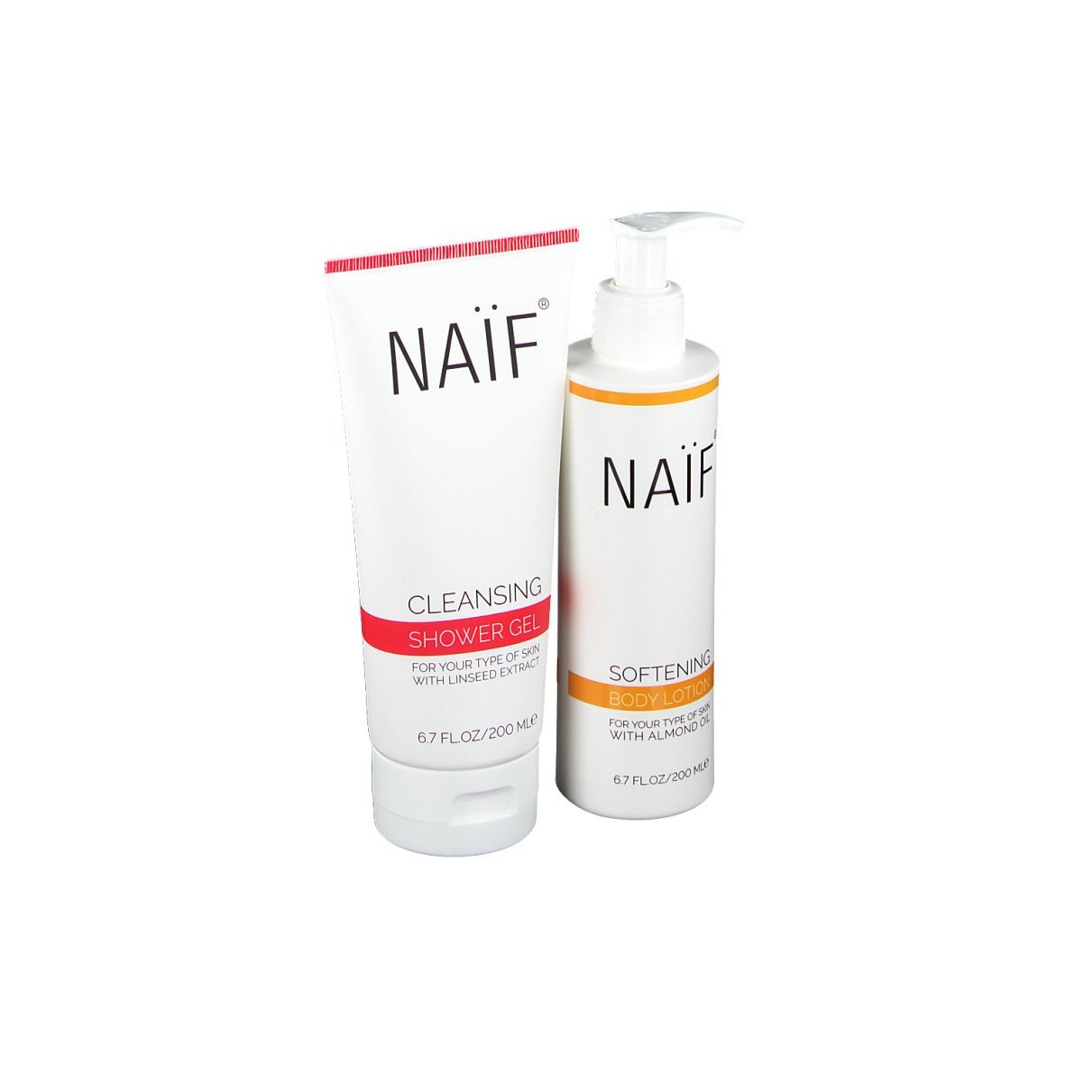 Deux flacons blancs avec des étiquettes rouges et oranges. Inscription : NAIF, Cleansing Shower Gel et Softening Body Lotion.