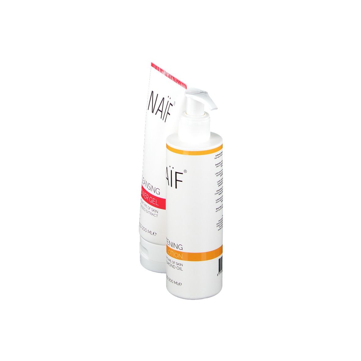 Deux flacons blancs, un avec pompe, avec étiquettes rouges et oranges. Inscription : NAIF, Cleansing Shower Gel et Softening Body Lotion.
