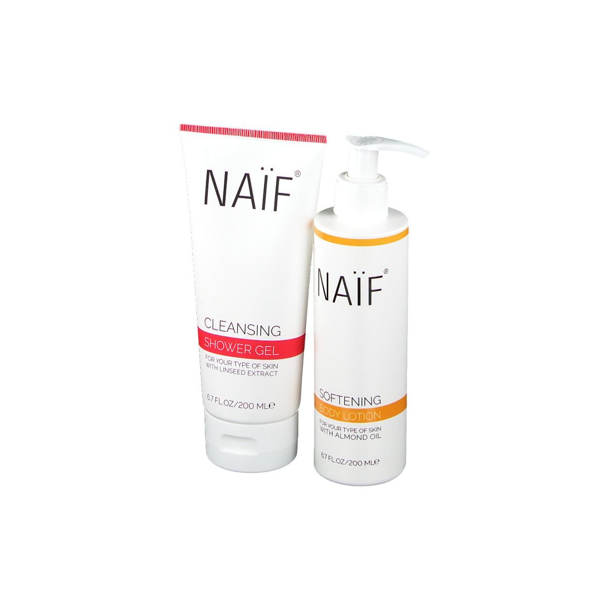 Deux flacons blancs avec des étiquettes rouges et oranges. Inscription : NAIF, Cleansing Shower Gel et Softening Body Lotion.