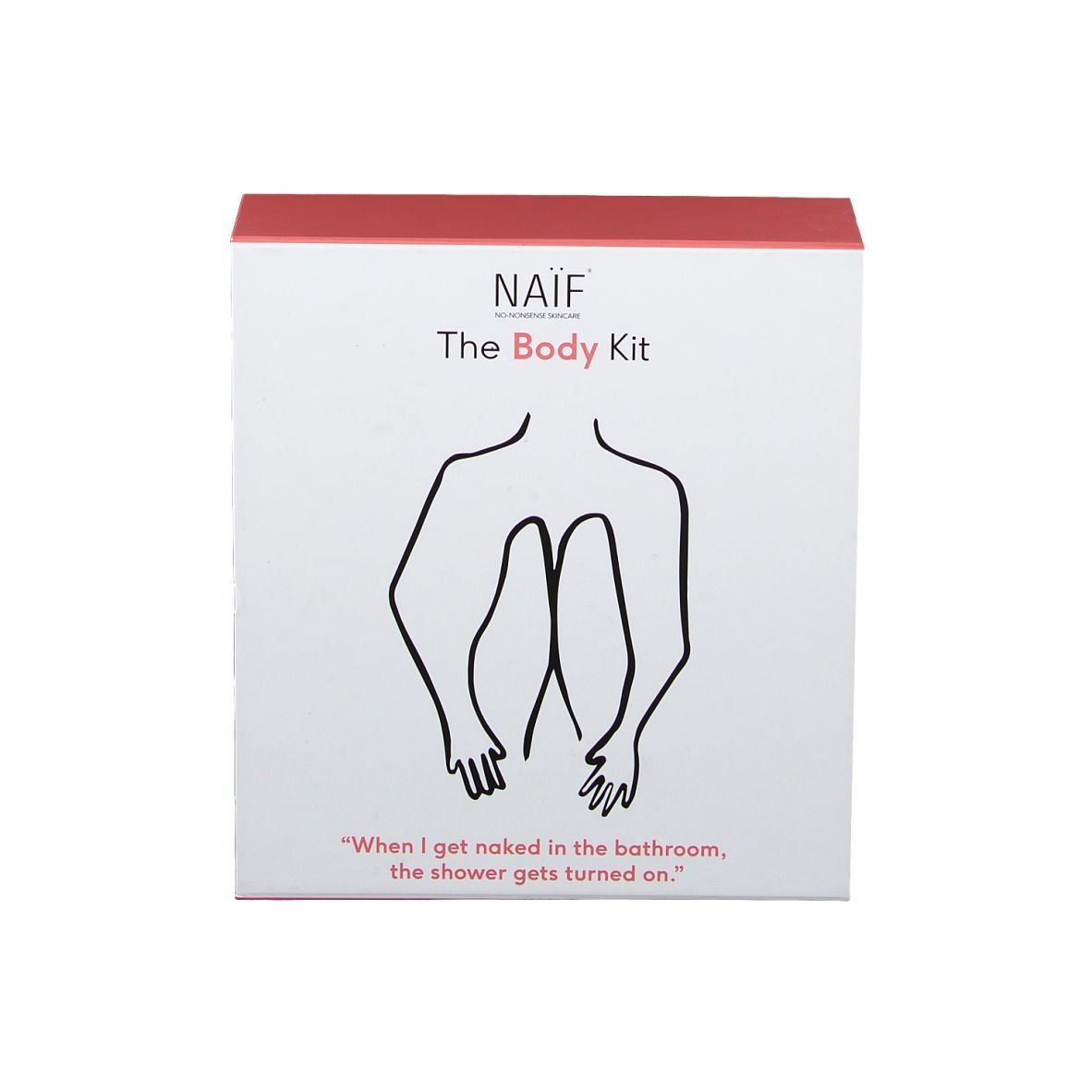 Boîte avec inscription NAIF, The Body Kit. Illustration d'une personne. Citation : When I get naked in the bathroom, the shower gets turned on.