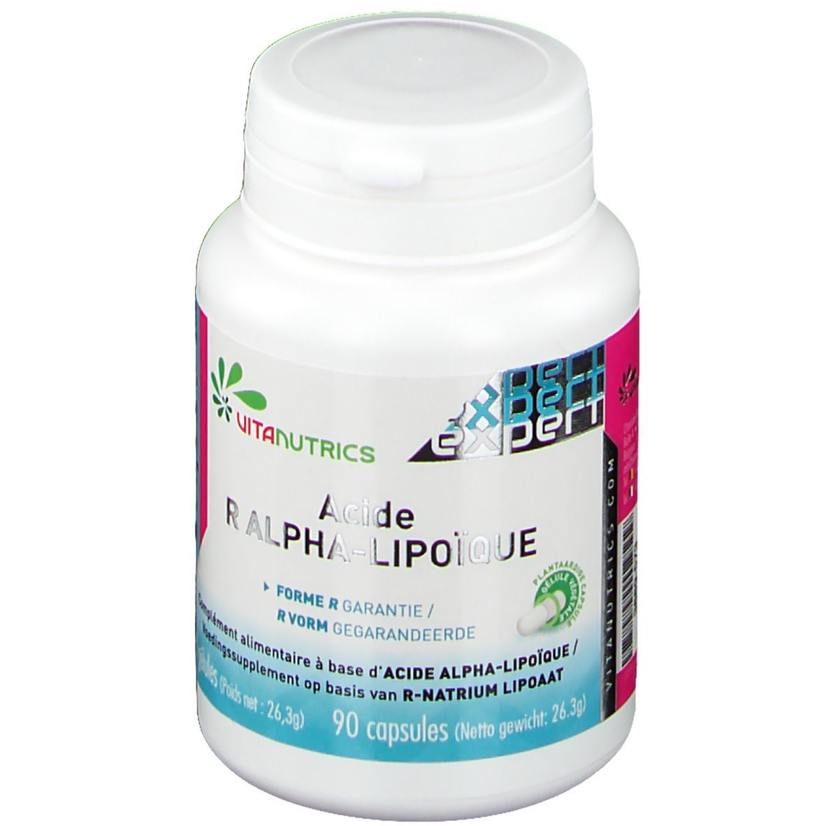 Flacon blanc avec étiquette rose et verte. Inscription: VitaNutrics, Acide R Alpha-Lipoique. 90 gélules.