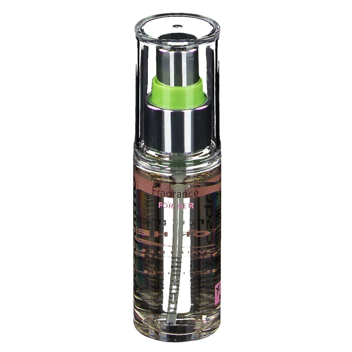 Flacon transparent avec vaporisateur. Étiquette rose avec texte: Fragrance for her. Soin de luxe 2 en 1.