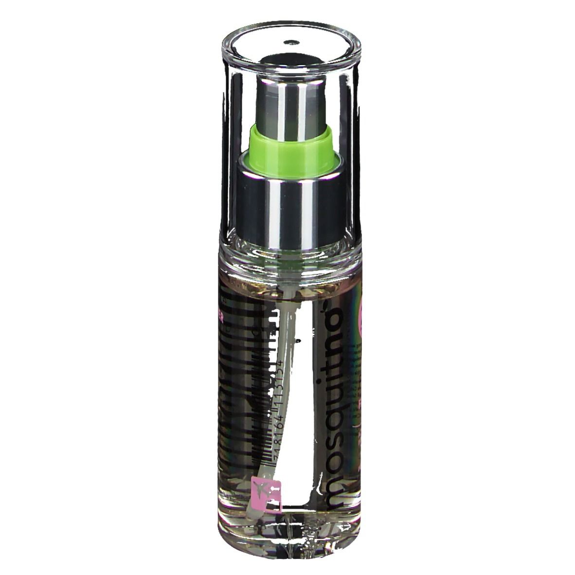 Flacon transparent avec vaporisateur. Texte: mosquitno. Étiquette rose avec texte. Soin de luxe 2 en 1. Pour elle.