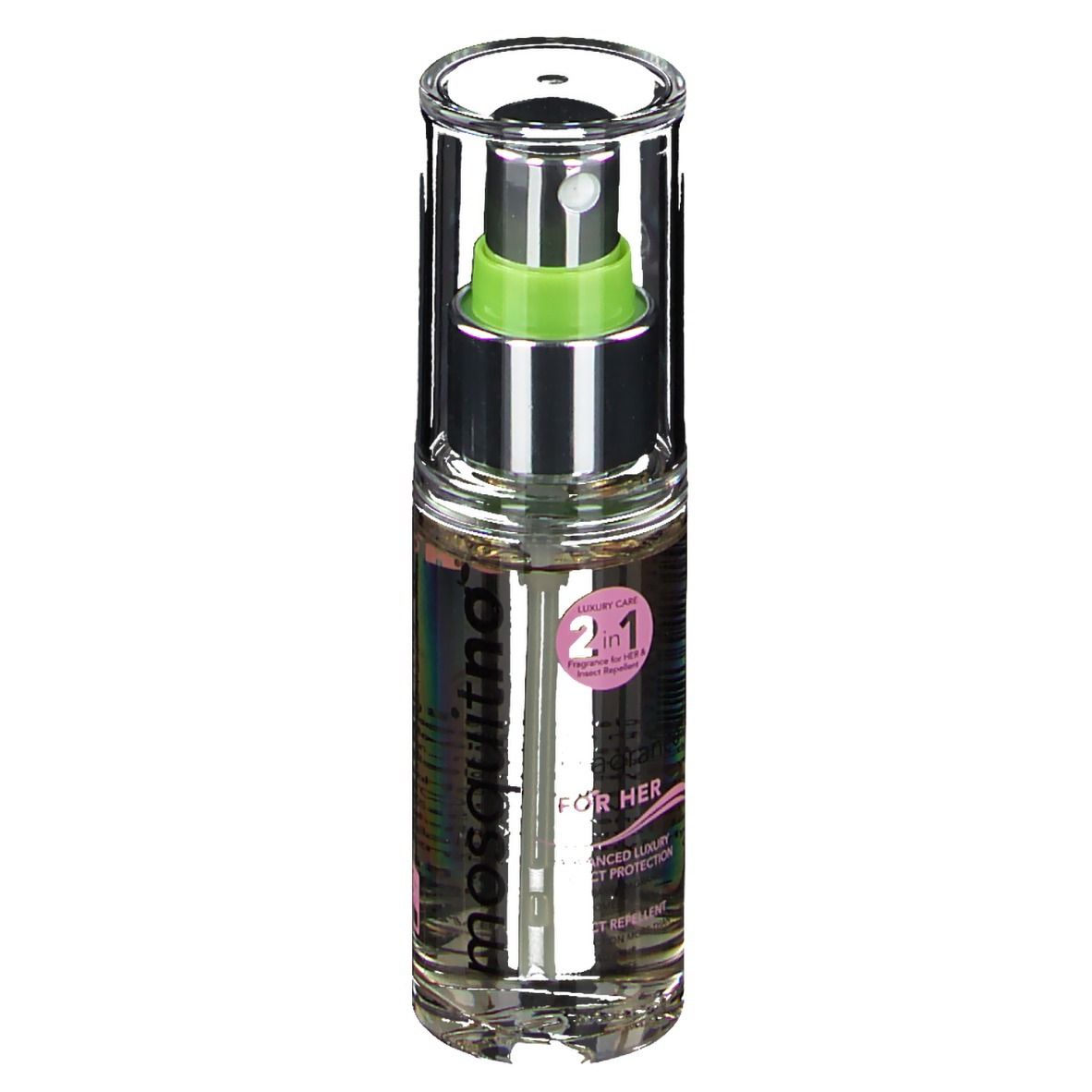 Flacon transparent avec vaporisateur. Texte: mosquitno. Étiquette rose avec texte. Soin de luxe 2 en 1. Pour elle.