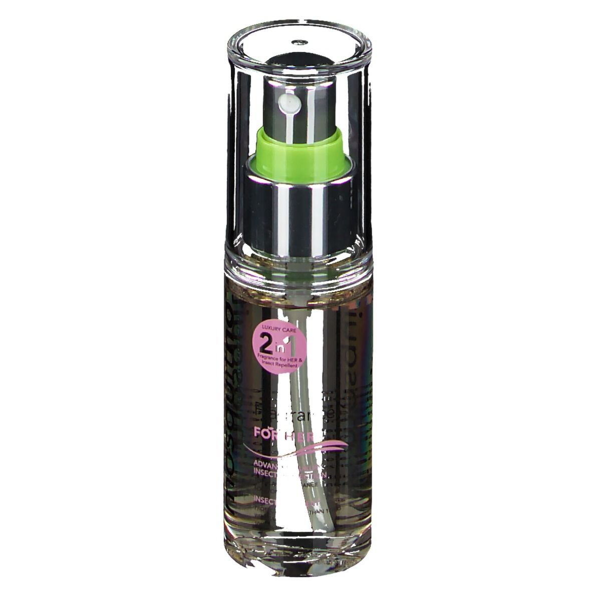 Flacon transparent avec vaporisateur. Texte: mosquitno. Étiquette rose avec texte. Soin de luxe 2 en 1. Pour elle.