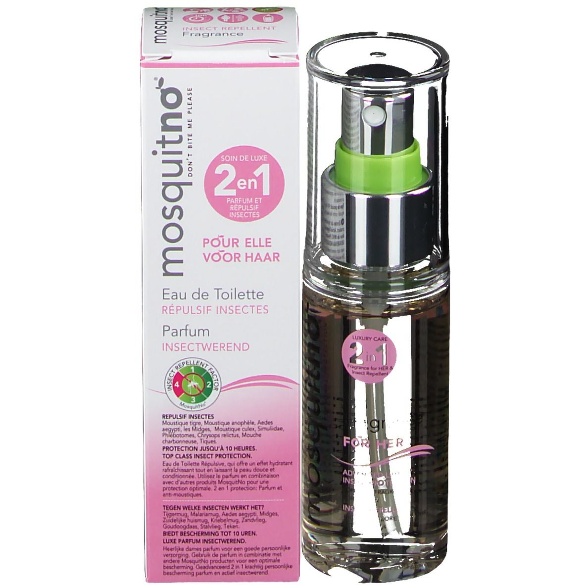 Flacon et emballage du produit. Flacon avec vaporisateur. Emballage avec texte: mosquitno, 2 en 1, Pour elle.