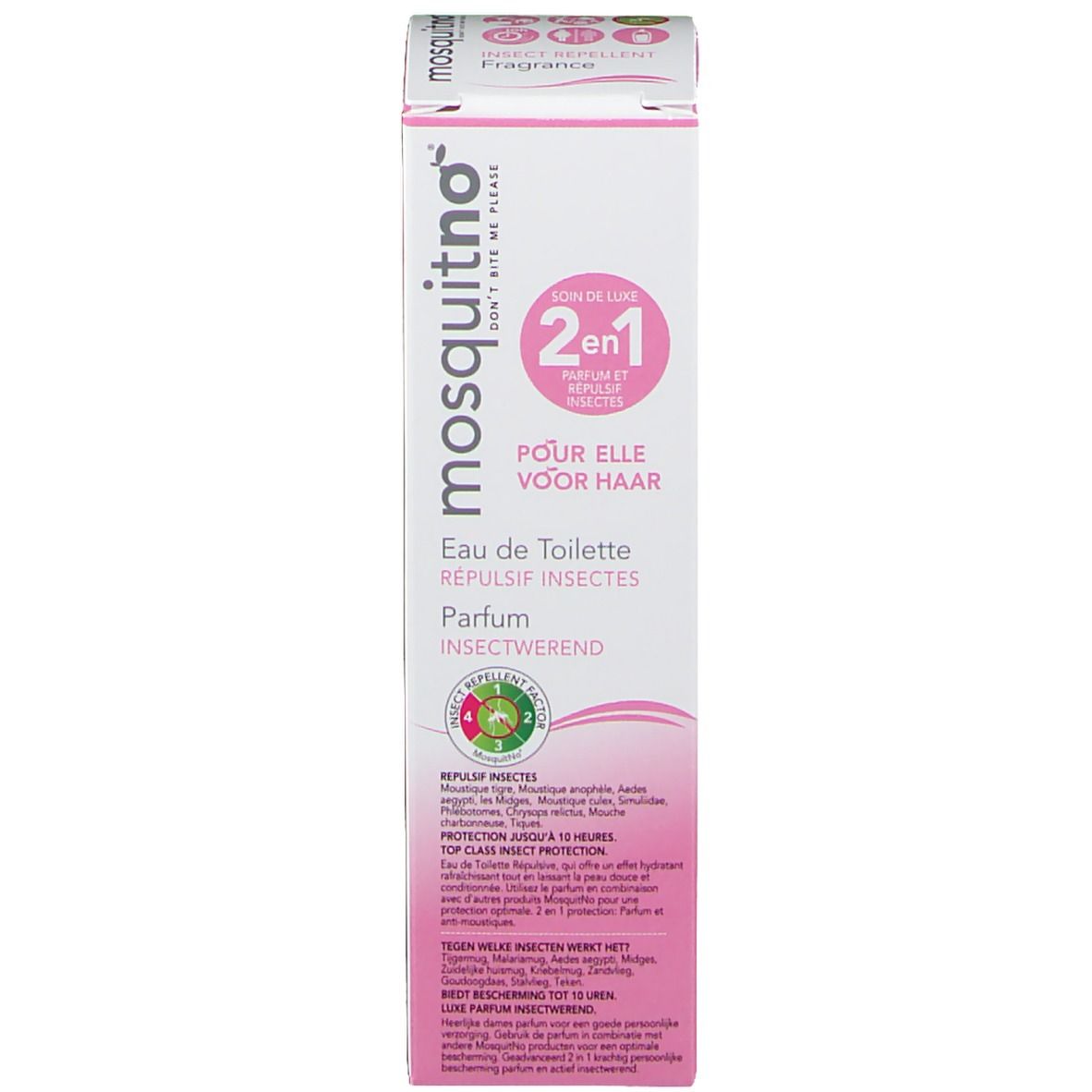 Emballage du produit. Texte: mosquitno, 2 en 1, Pour elle, Eau de Toilette, Répulsif Insectes, Parfum.
