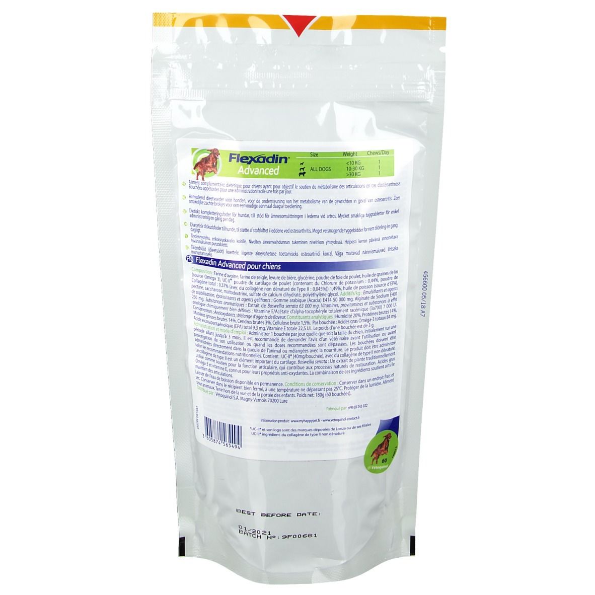 Dos du sachet Flexadin Advanced. Contient des informations sur les ingrédients et l'utilisation.