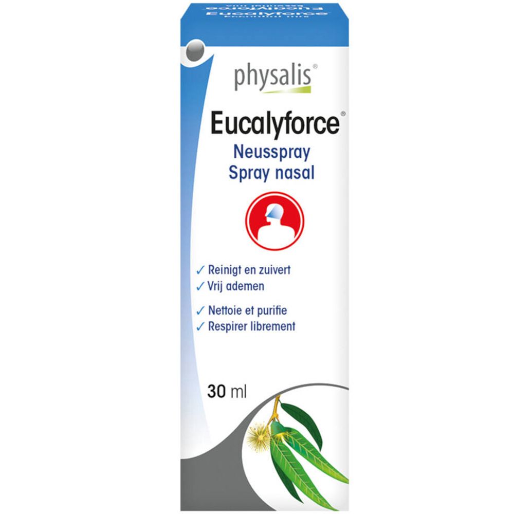 Emballage en carton avec le nom du produit physalis® Eucalyforce® Spray nasal. Contient 30 ml. Illustration d'une feuille d'eucalyptus.