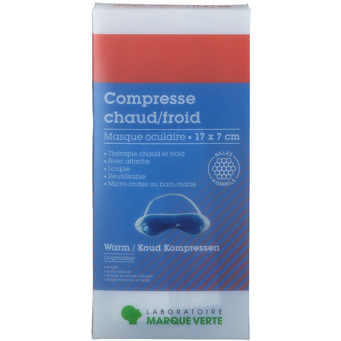Emballage de masque oculaire. Masque bleu, 17x7cm. Texte: Compresse chaud/froid, Laboratoires Marque Verte.