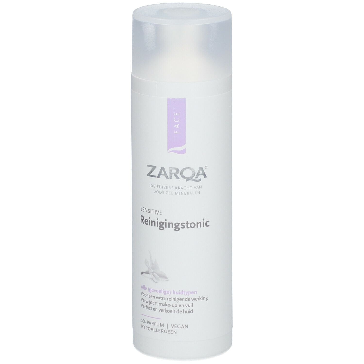 ZARQA Sensitive Reinigungstonic. Flacon blanc, étiquette violette. Bouchon transparent. Inscription: Sensitive, Reinigungstonic, Face.