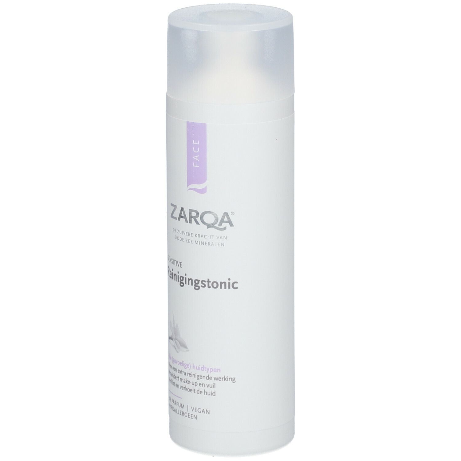 ZARQA Sensitive Reinigungstonic. Flacon blanc, étiquette violette. Bouchon transparent. Inscription: Sensitive, Reinigungstonic, Face.