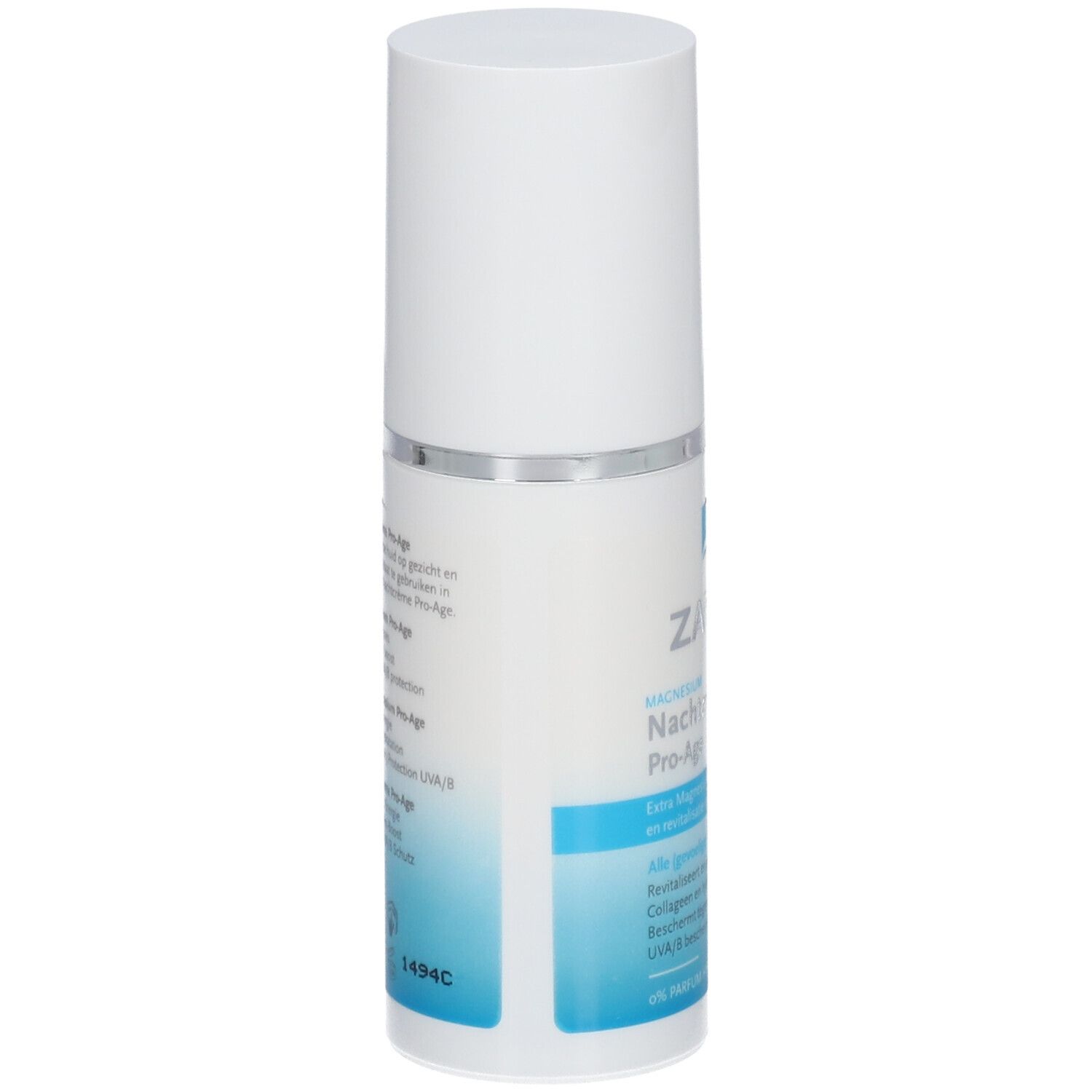 ZARQA® Crème de nuit Pro-Age. Flacon blanc avec étiquette bleue. Texte: Crème de nuit, Pro-Age, pour tous types de peau.