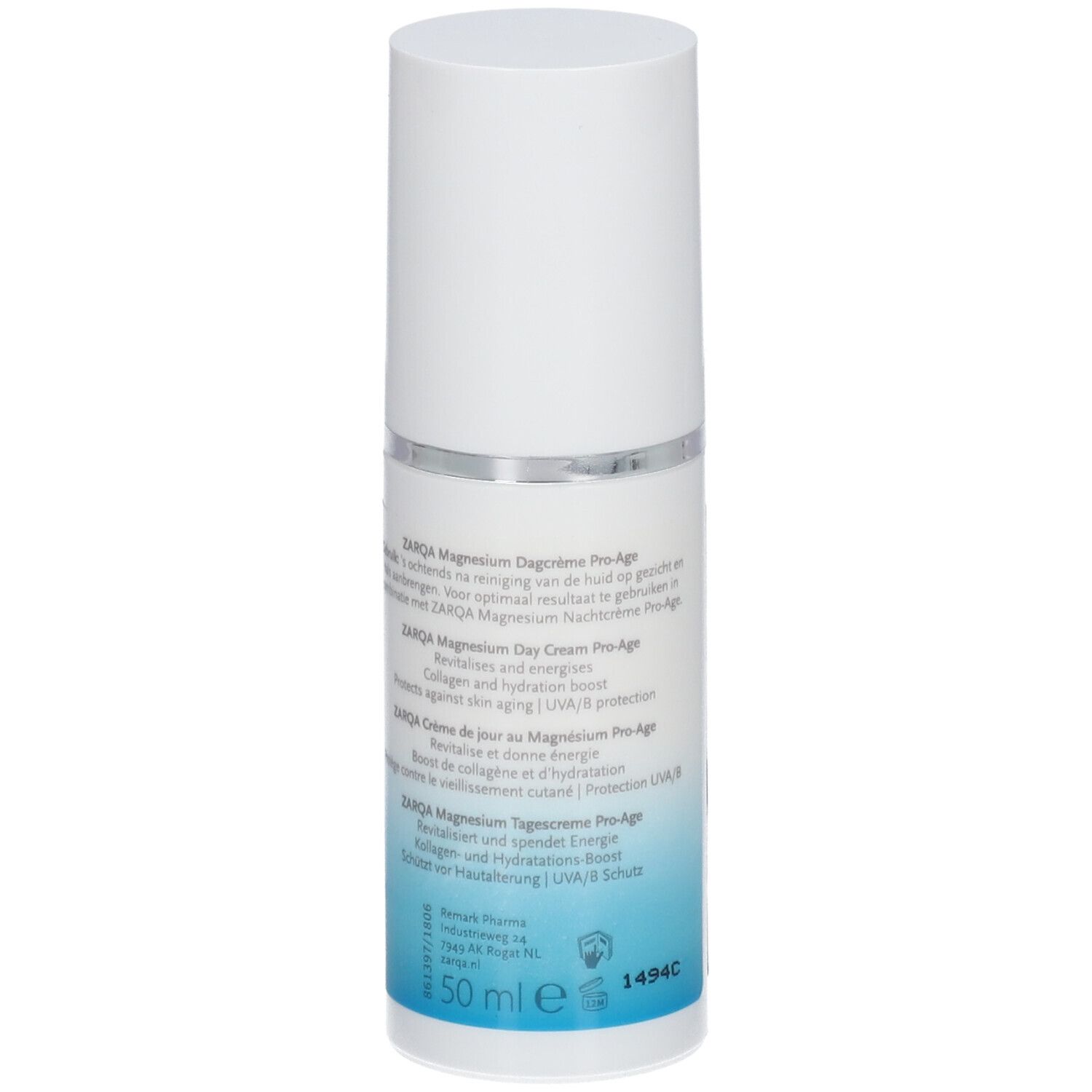 ZARQA® Crème de jour au magnésium Pro-Age. Flacon blanc avec étiquette bleue. Texte: Crème de jour, Pro-Age, 50 ml.