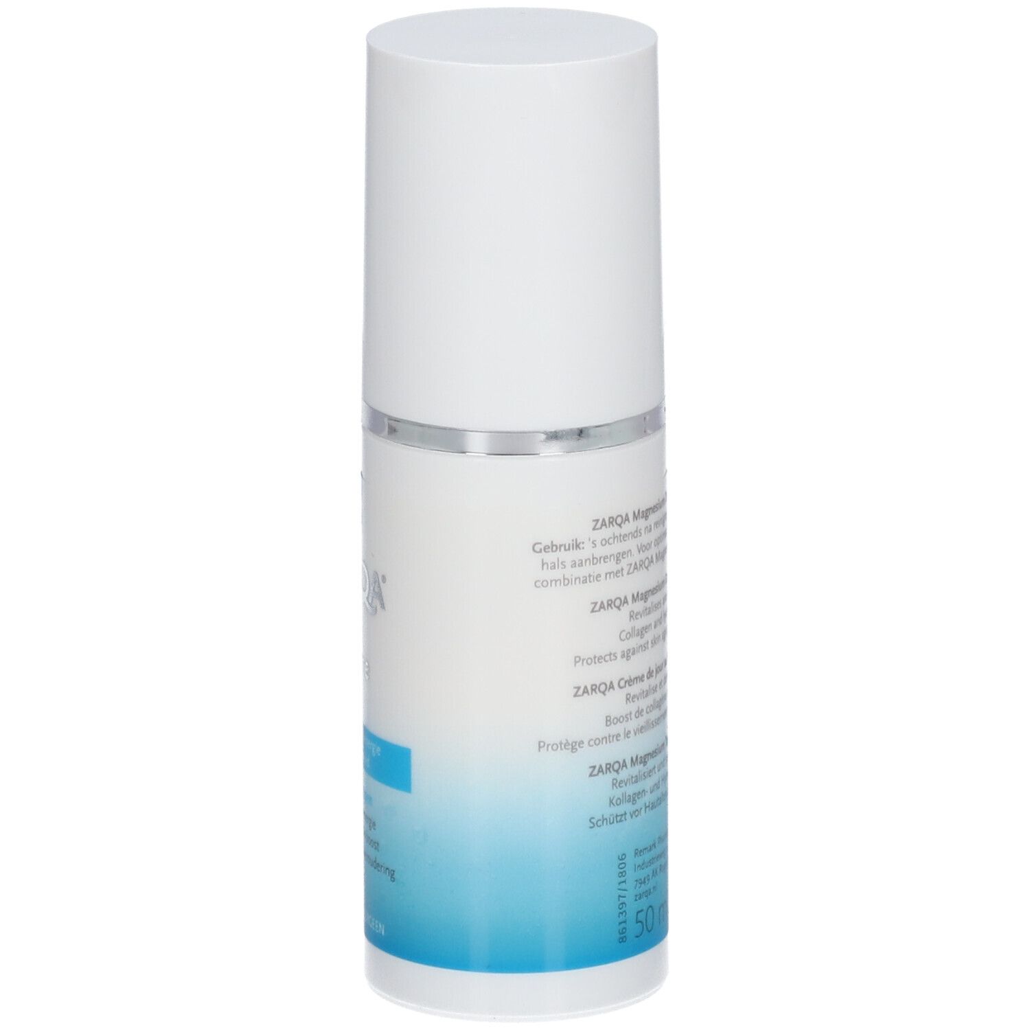 ZARQA® Crème de nuit au magnésium Pro-Age. Flacon blanc avec étiquette bleue. Texte: Crème de nuit, Pro-Age.