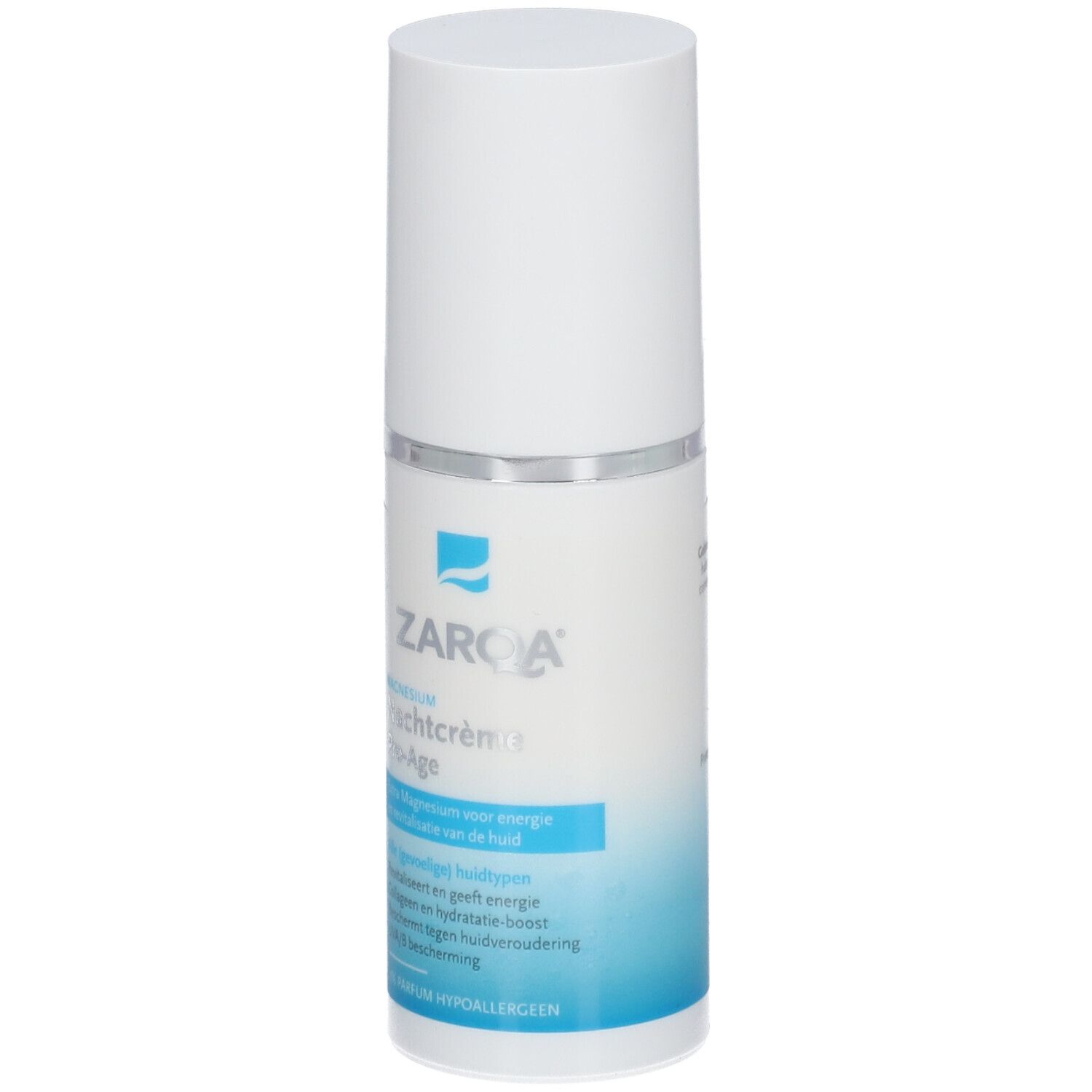 ZARQA® Crème de nuit Pro-Age. Flacon blanc avec étiquette bleue. Texte: Crème de nuit, Pro-Age, pour tous types de peau.
