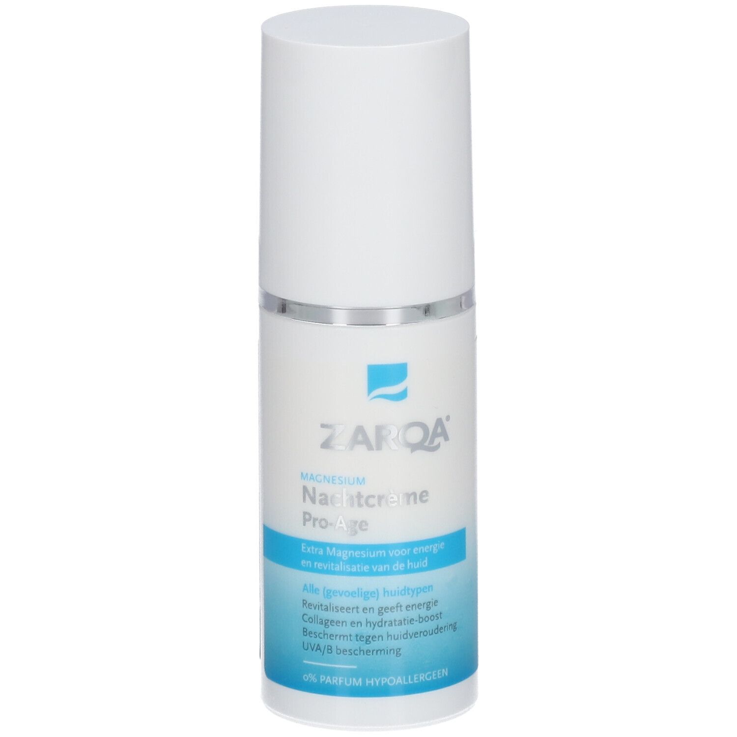 ZARQA® Crème de nuit Pro-Age. Flacon blanc avec étiquette bleue. Texte: Crème de nuit, Pro-Age, pour tous types de peau.