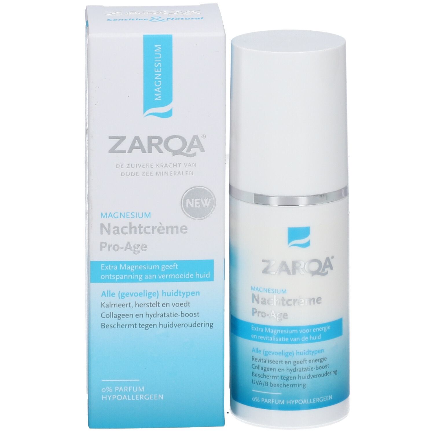 ZARQA® Crème de nuit Pro-Age. Produit et emballage. Flacon et boîte blancs. Texte: Crème de nuit, Pro-Age.