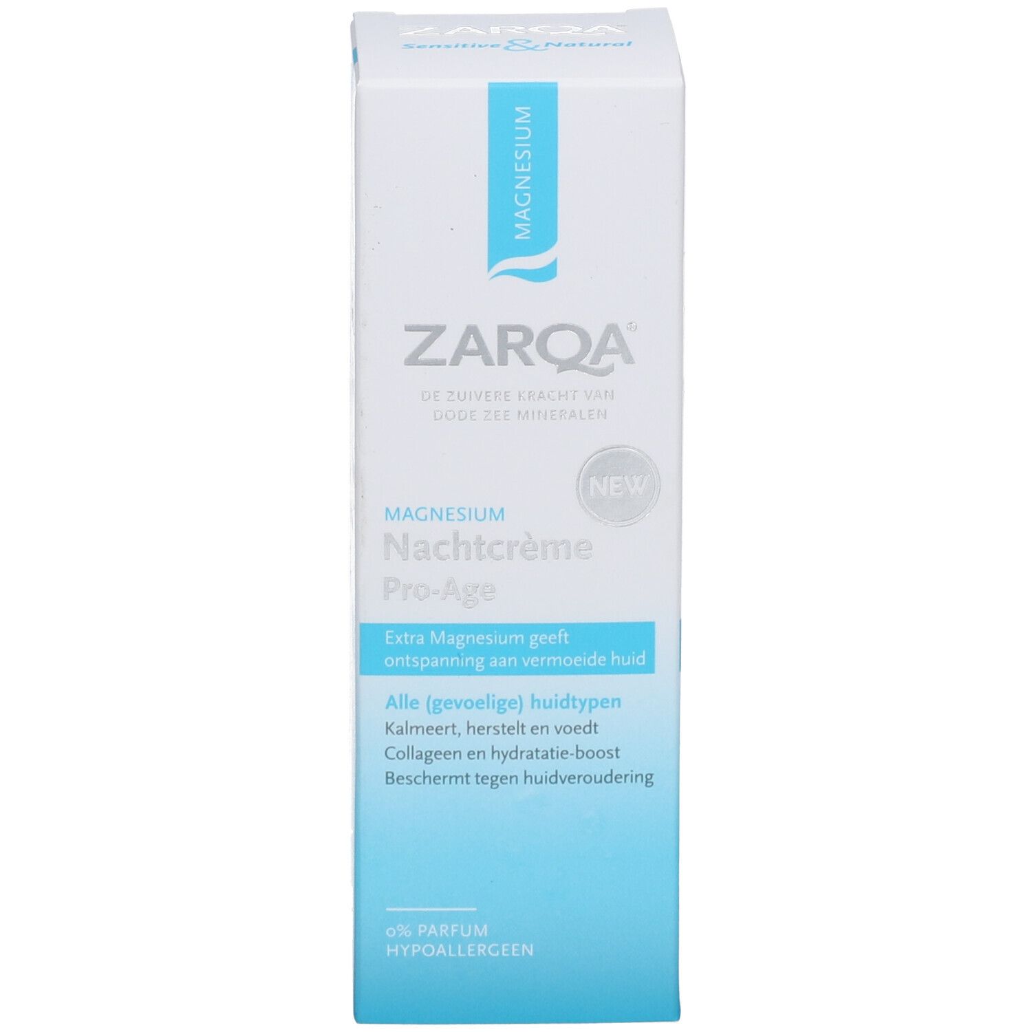 ZARQA® Crème de nuit Pro-Age. Emballage du produit. Boîte blanche avec accent bleu. Texte: Crème de nuit, Pro-Age.