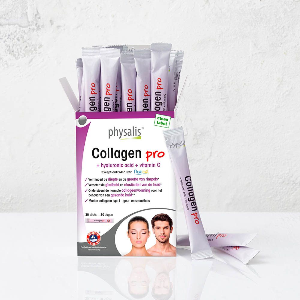 Emballage Physalis Collagen Pro. Contient de l'acide hyaluronique et de la vitamine C. 30 sticks. Texte en français.