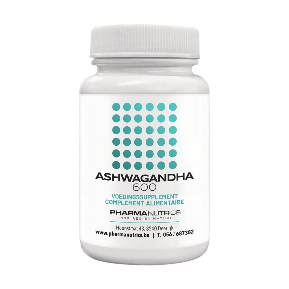 Flacon blanc de gélules. Inscription: Ashwagandha 600, 60 V-capsules. Marque: PharmaNutrics.