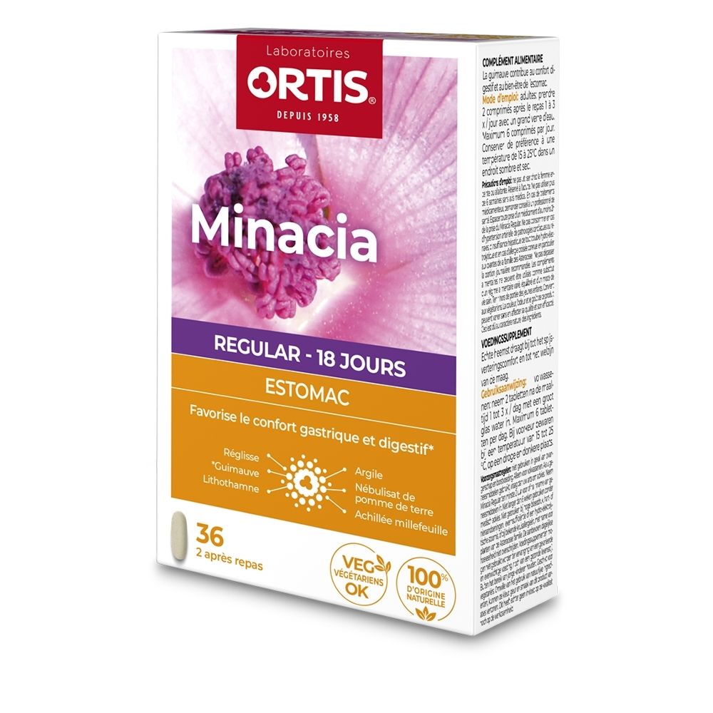 Boîte Ortis Minacia Regular Estomac de 36 gélules pour 18 jours.