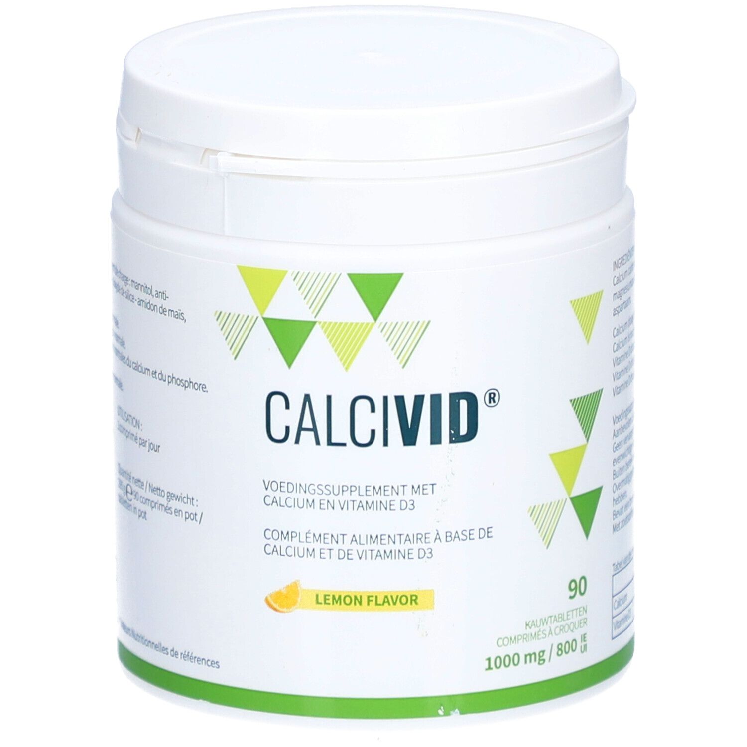 Pot blanc CALCIVID® avec 90 comprimés, 1000 mg/800 UI. Saveur citron. Contient vitamine D3. Complément alimentaire.