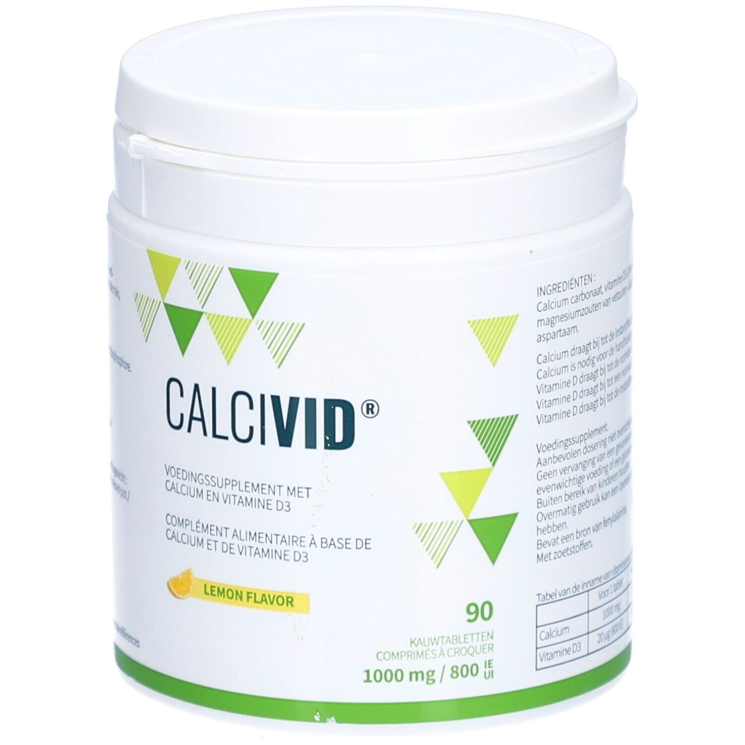 Pot blanc CALCIVID® avec 90 comprimés, 1000 mg/800 UI. Saveur citron. Contient vitamine D3. Complément alimentaire.