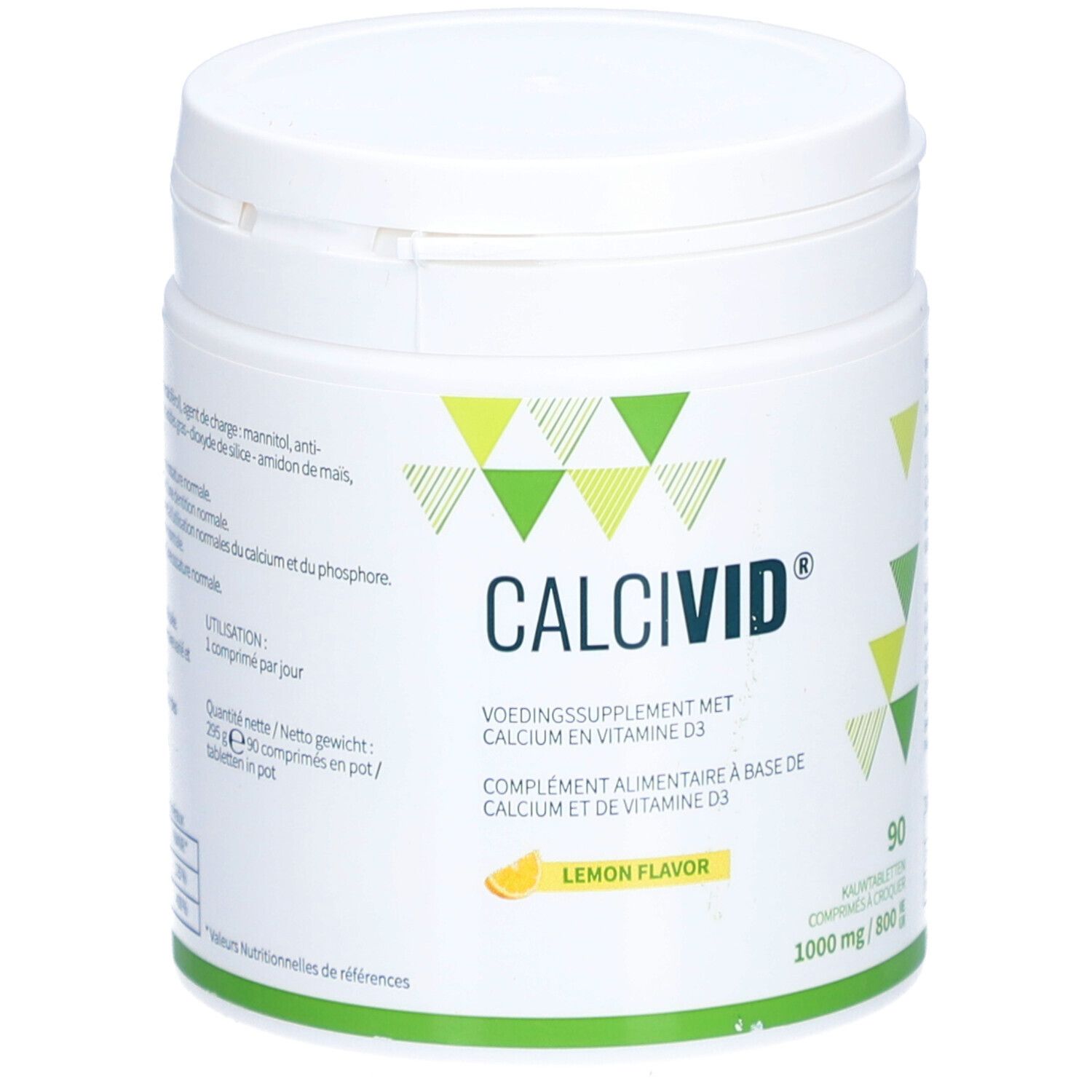 Pot blanc CALCIVID® avec 90 comprimés, 1000 mg/800 UI. Saveur citron. Contient vitamine D3. Complément alimentaire.