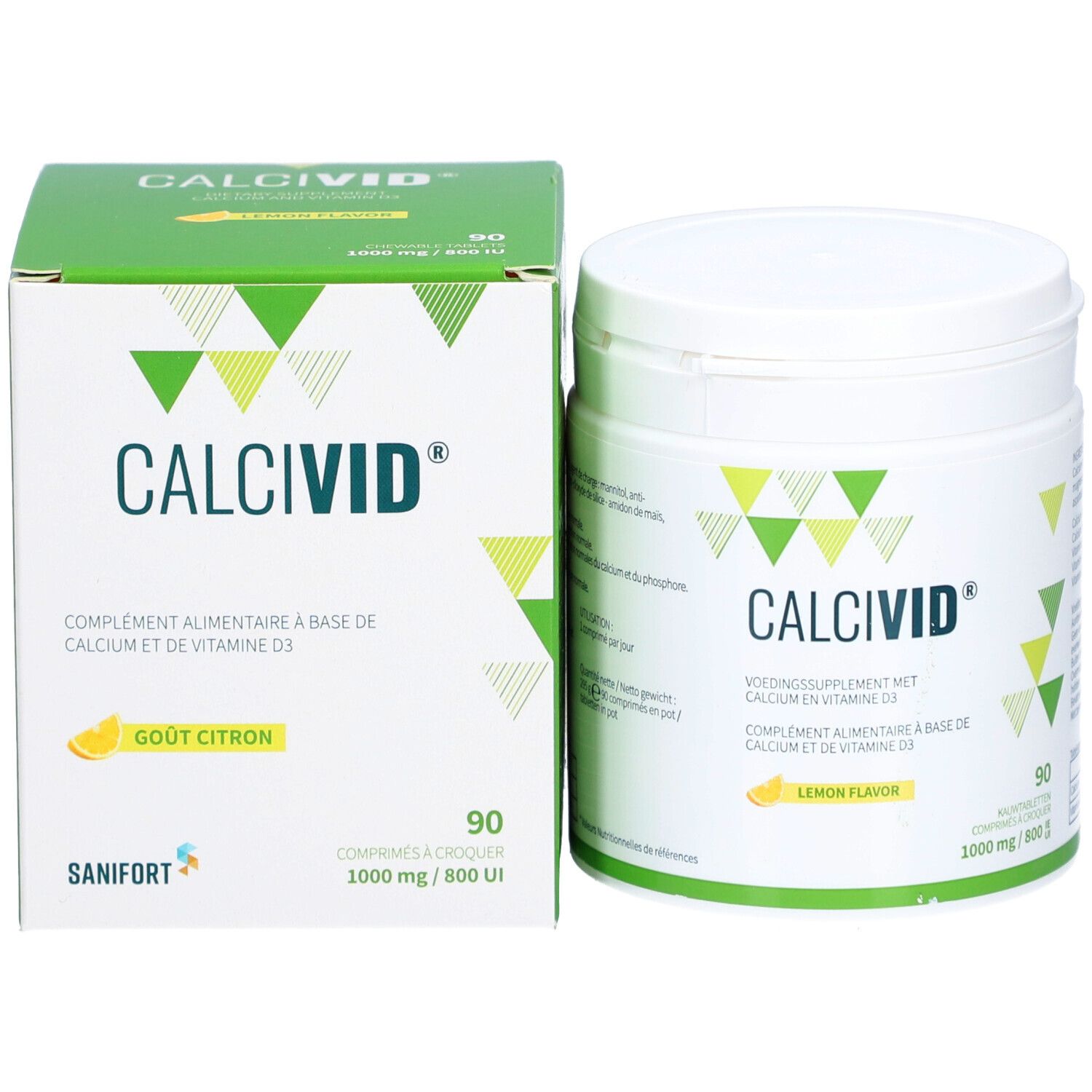 Boîte et pot CALCIVID®. 90 comprimés, 1000 mg/800 UI. Goût citron. Contient vitamine D3.