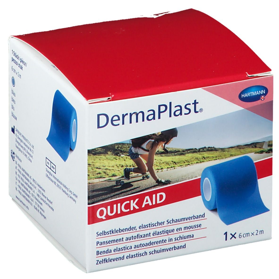 Emballage DermaPlast® Quick Aid. Pansement mousse auto-adhésif bleu. 6 cm x 2 m. Logo Hartmann.