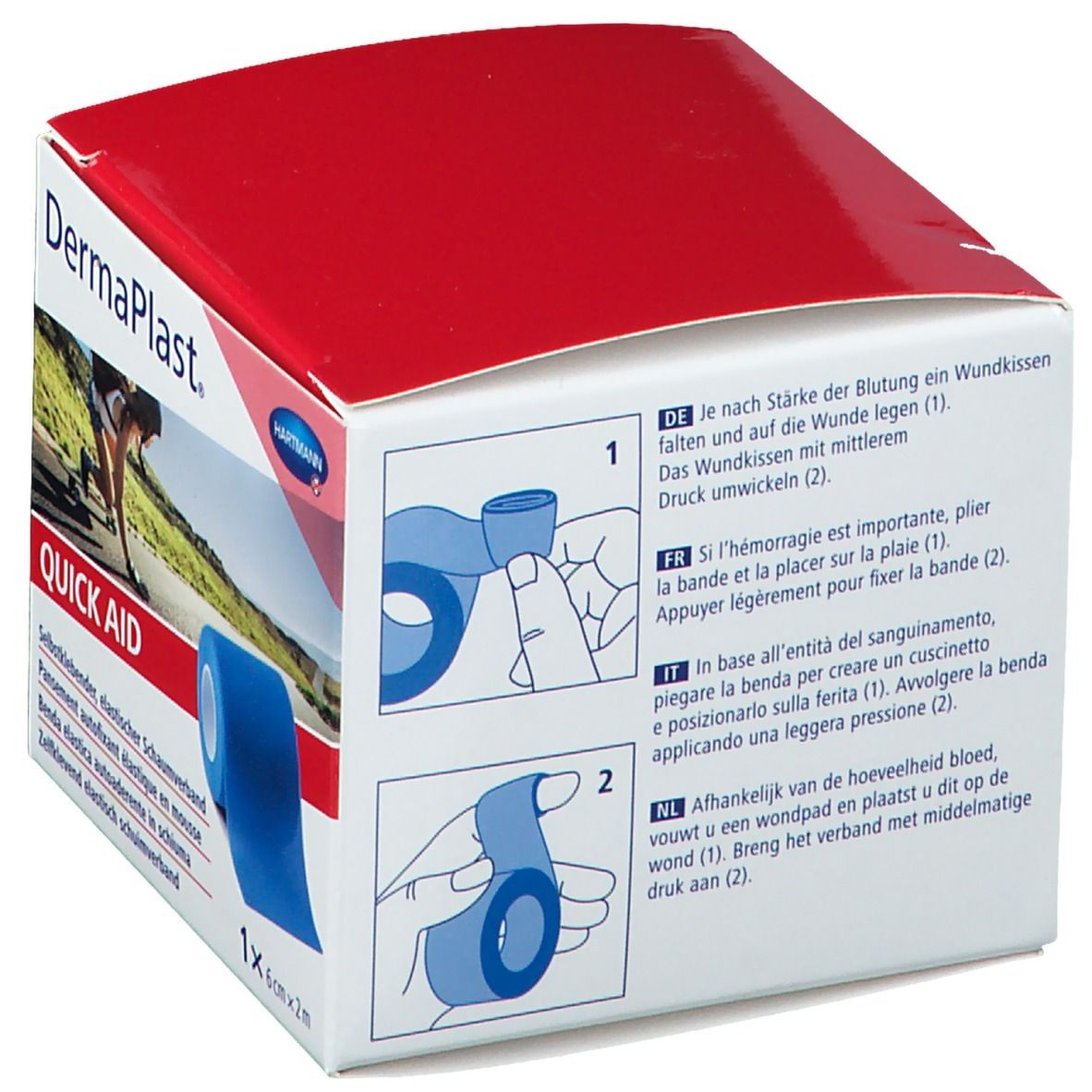 Dos de l'emballage DermaPlast® Quick Aid. Illustrations d'application. Texte multilingue.