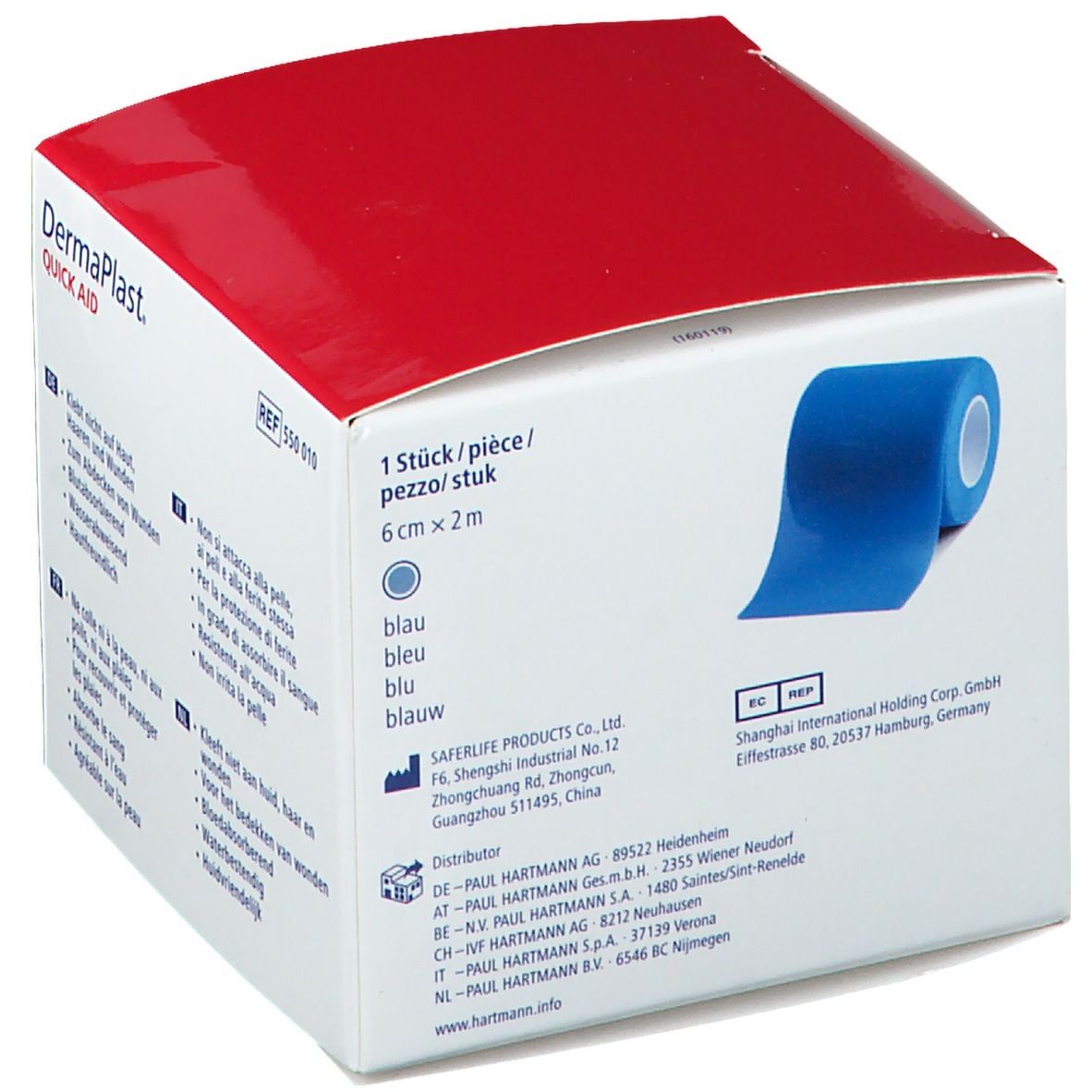 Emballage DermaPlast® Quick Aid. 1 pièce, 6 cm x 2 m. Ruban bleu. Informations fabricant.