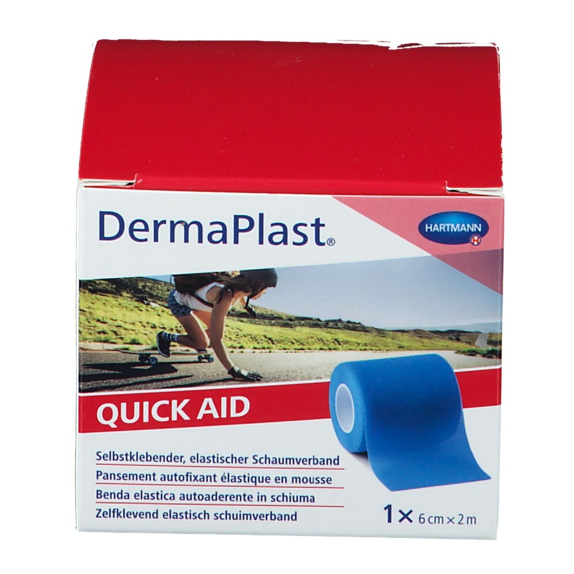 Emballage DermaPlast® Quick Aid. Pansement mousse auto-adhésif bleu. 6 cm x 2 m. Logo Hartmann.