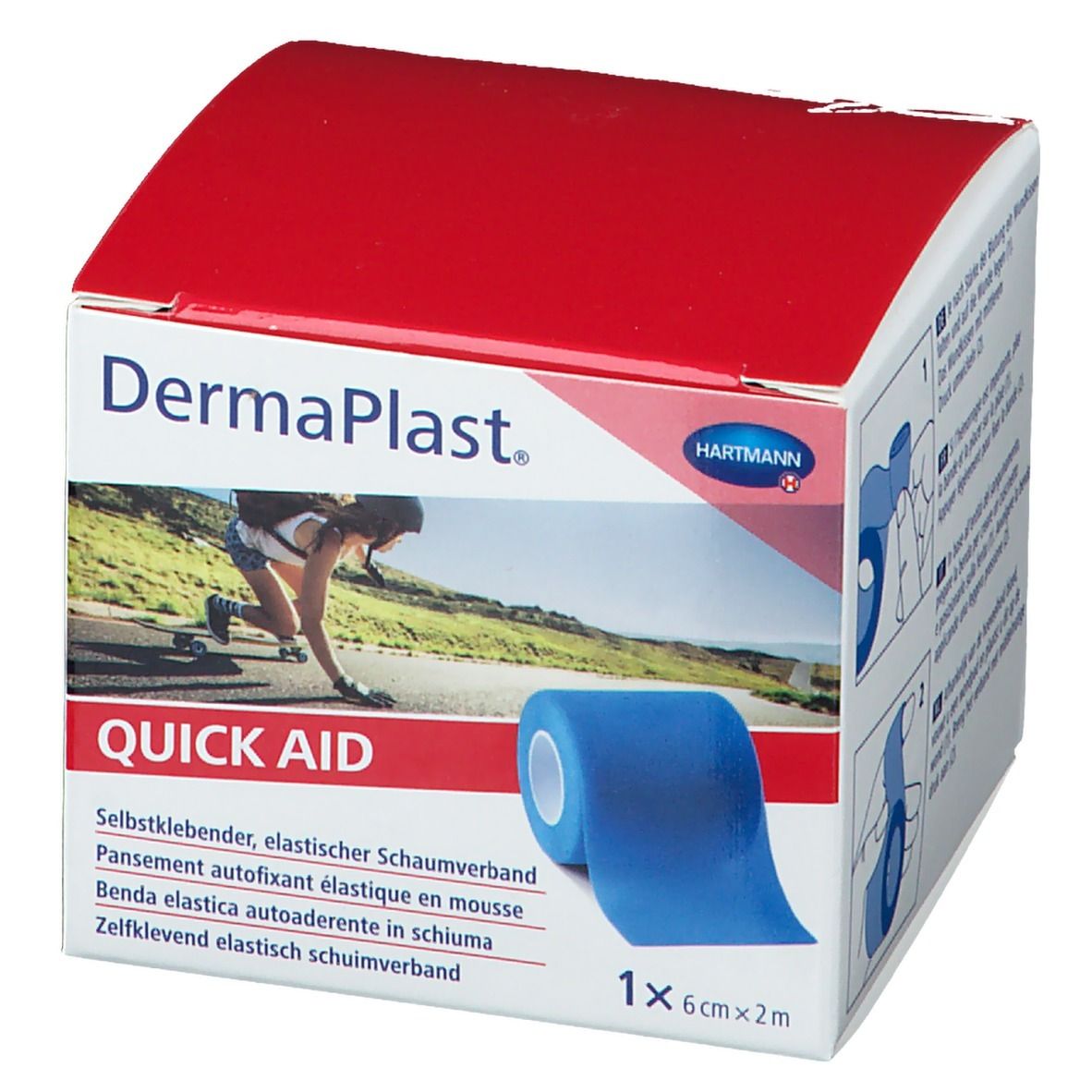 Emballage DermaPlast® Quick Aid. Pansement mousse auto-adhésif bleu. 6 cm x 2 m. Logo Hartmann.
